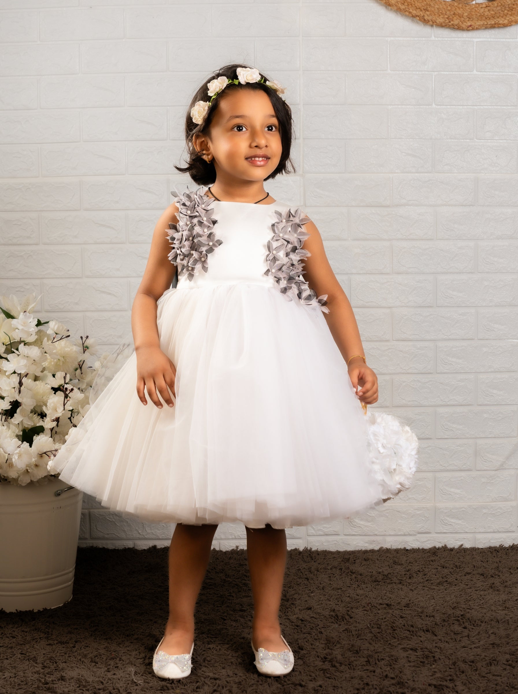 White Satin & Tulle Dress with Gray Floral Appliqué | Luxury Special Occasion Dress for Girls