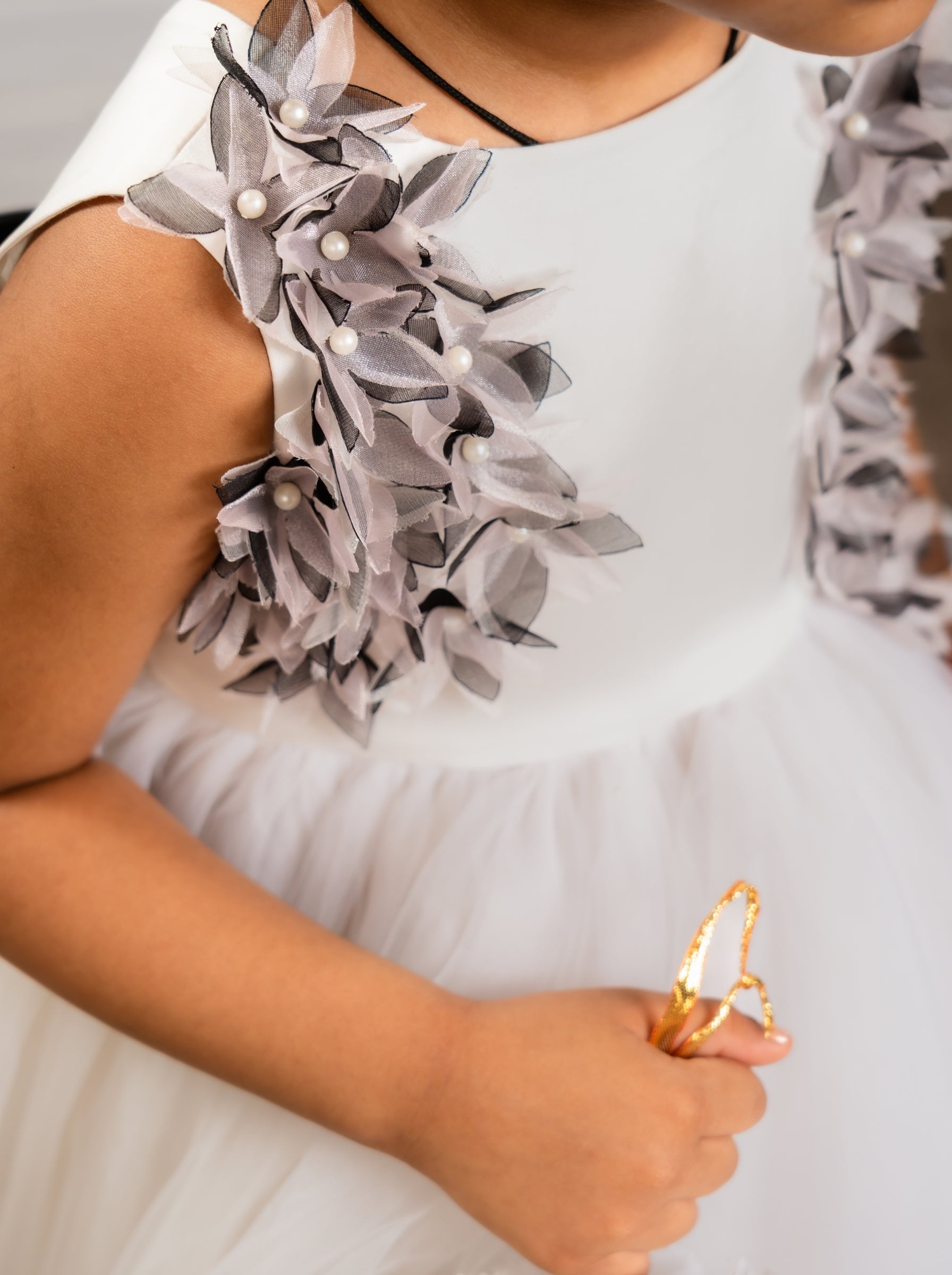 White Satin & Tulle Dress with Gray Floral Appliqué | Luxury Special Occasion Dress for Girls
