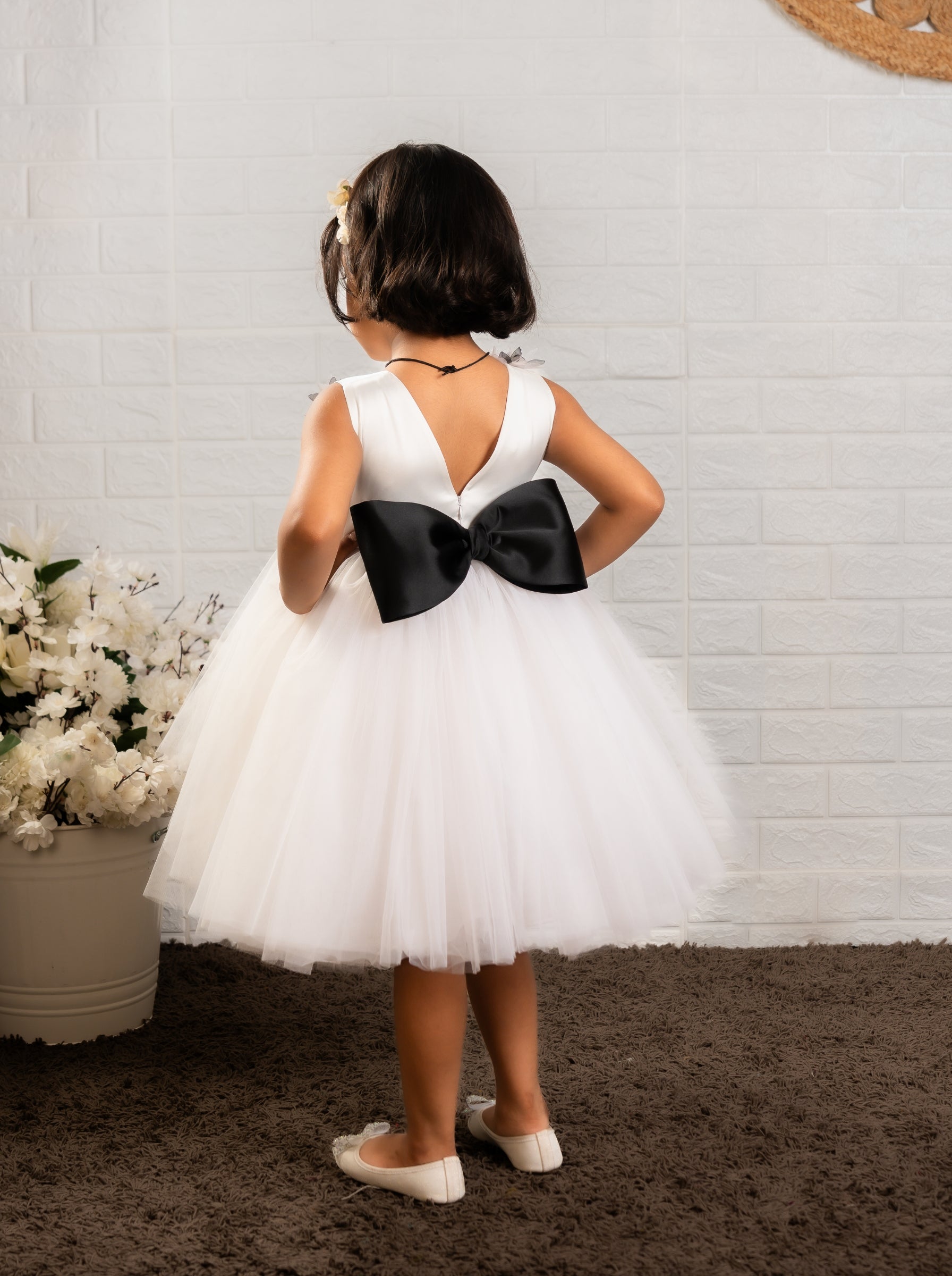 White Satin & Tulle Dress with Gray Floral Appliqué | Luxury Special Occasion Dress for Girls
