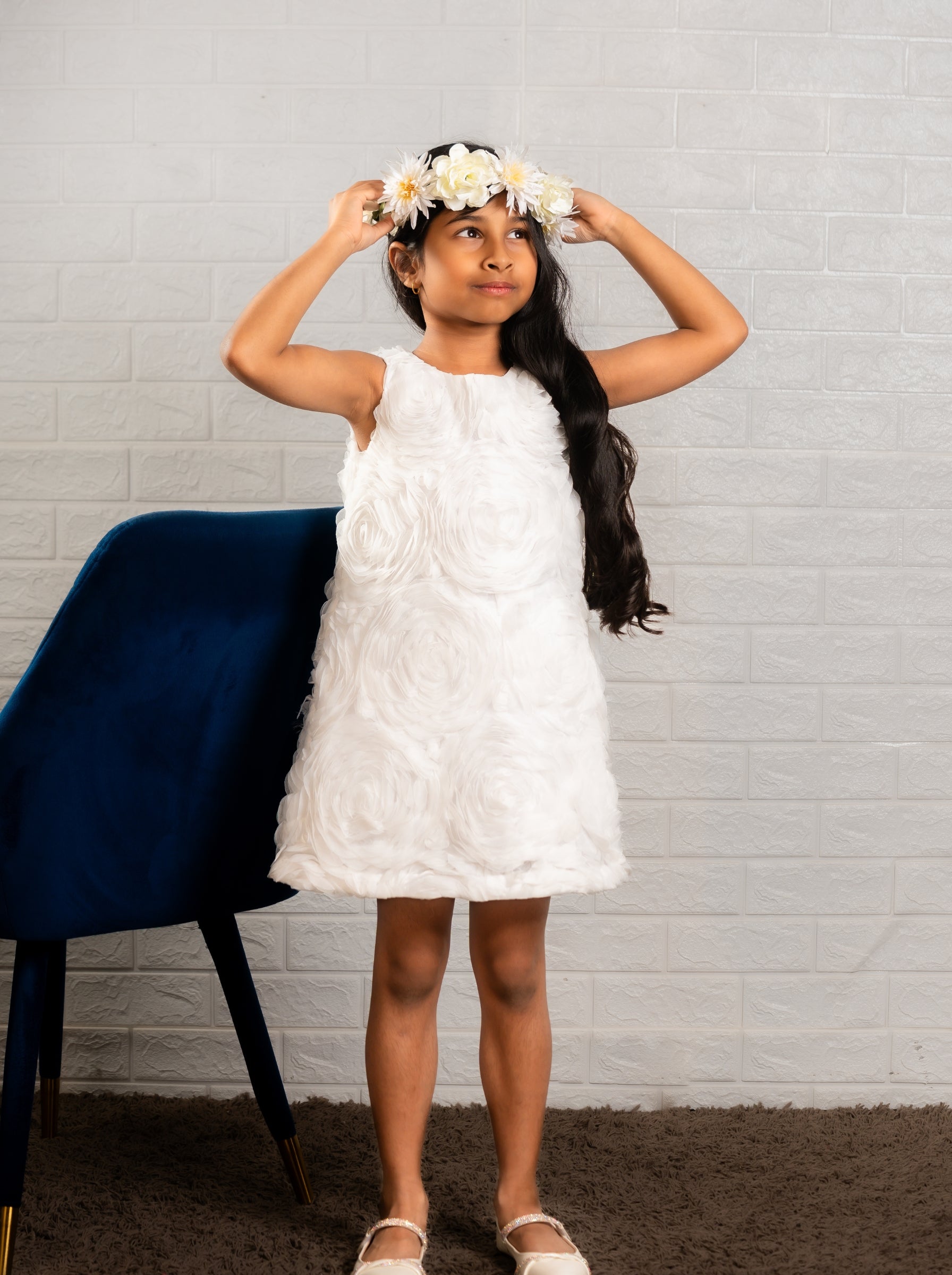 White Floral Textured A‑Line Dress | Luxury Special Occasion Dress for Girls