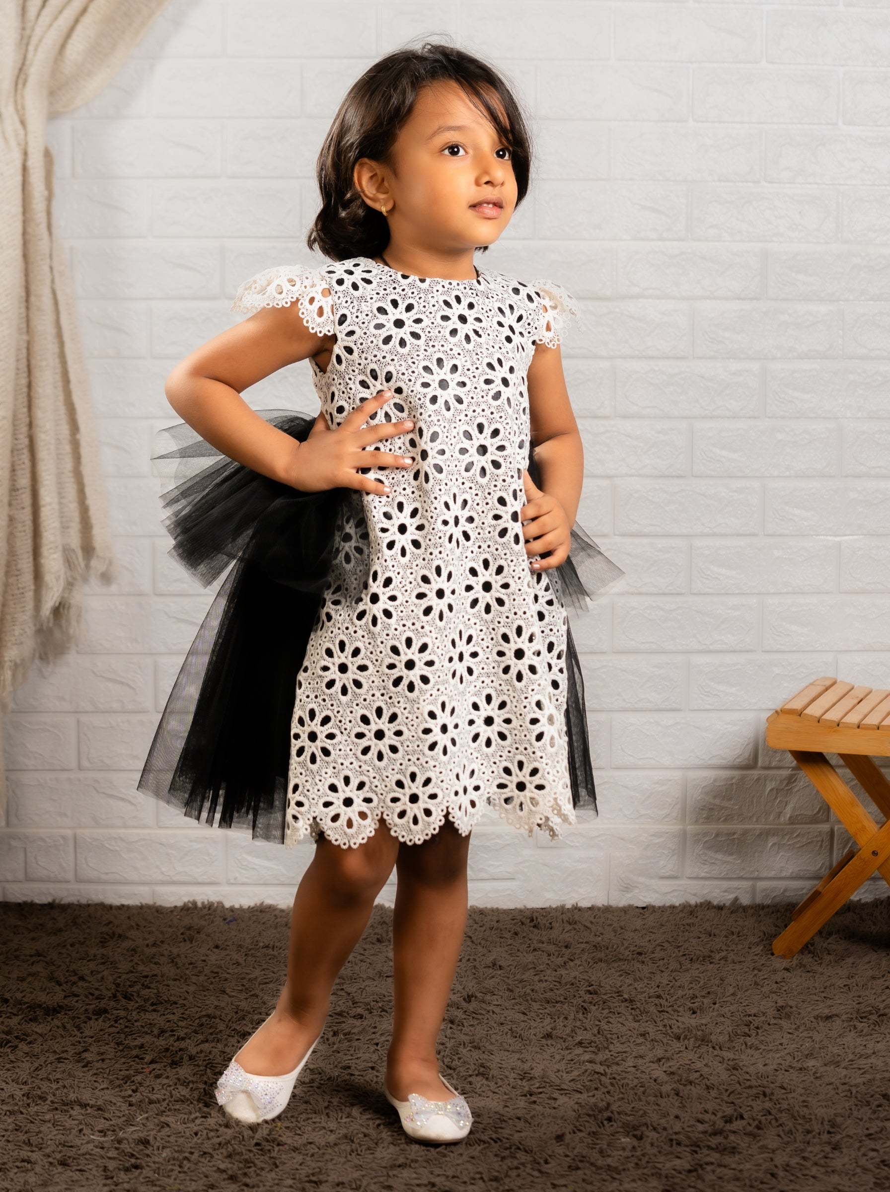 White Floral Lace Dress with Black Tulle Accents | Vintage Party Dress | Luxury Special Occasion Dress for Girls