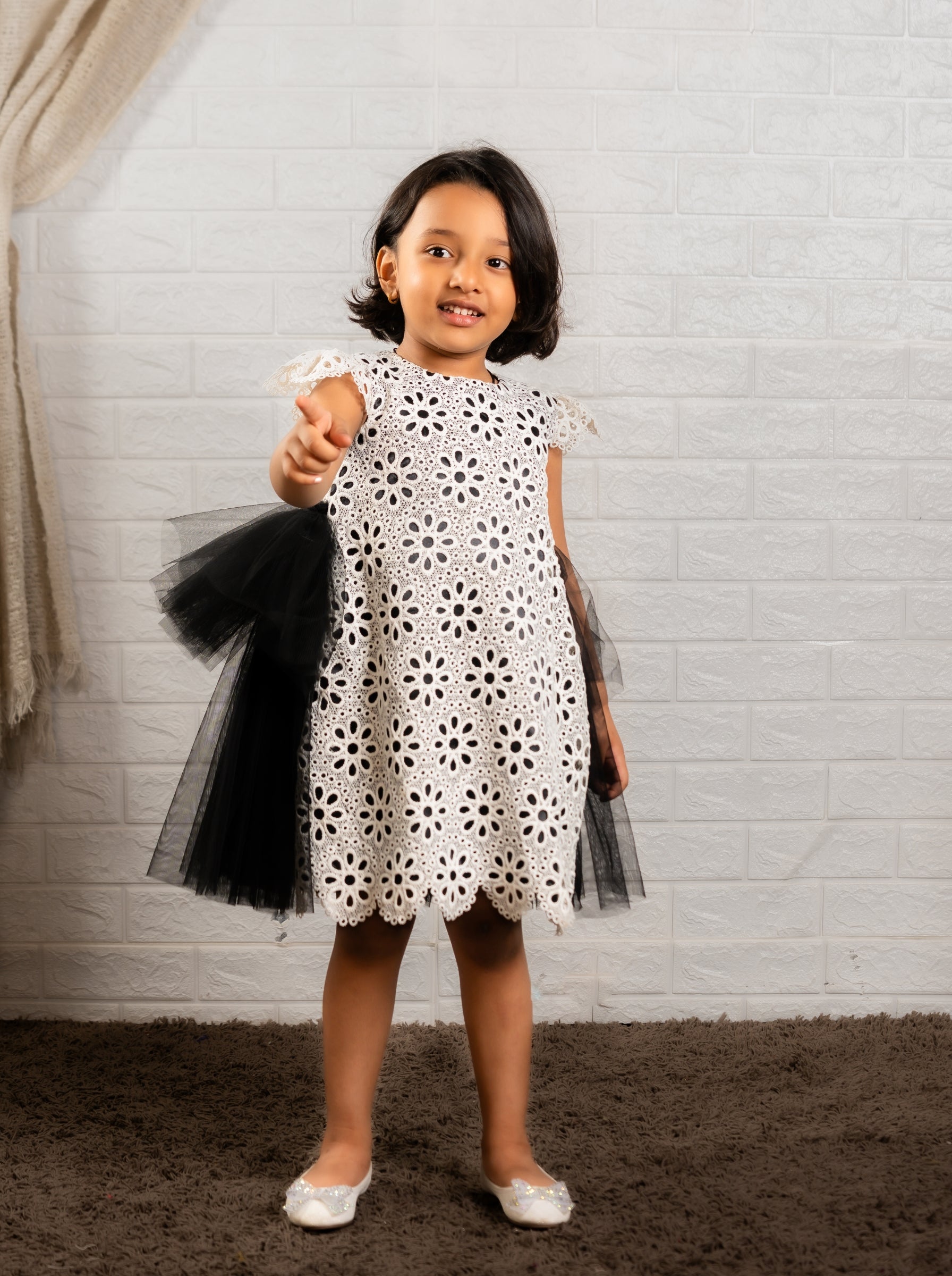 White Floral Lace Dress with Black Tulle Accents | Vintage Party Dress | Luxury Special Occasion Dress for Girls