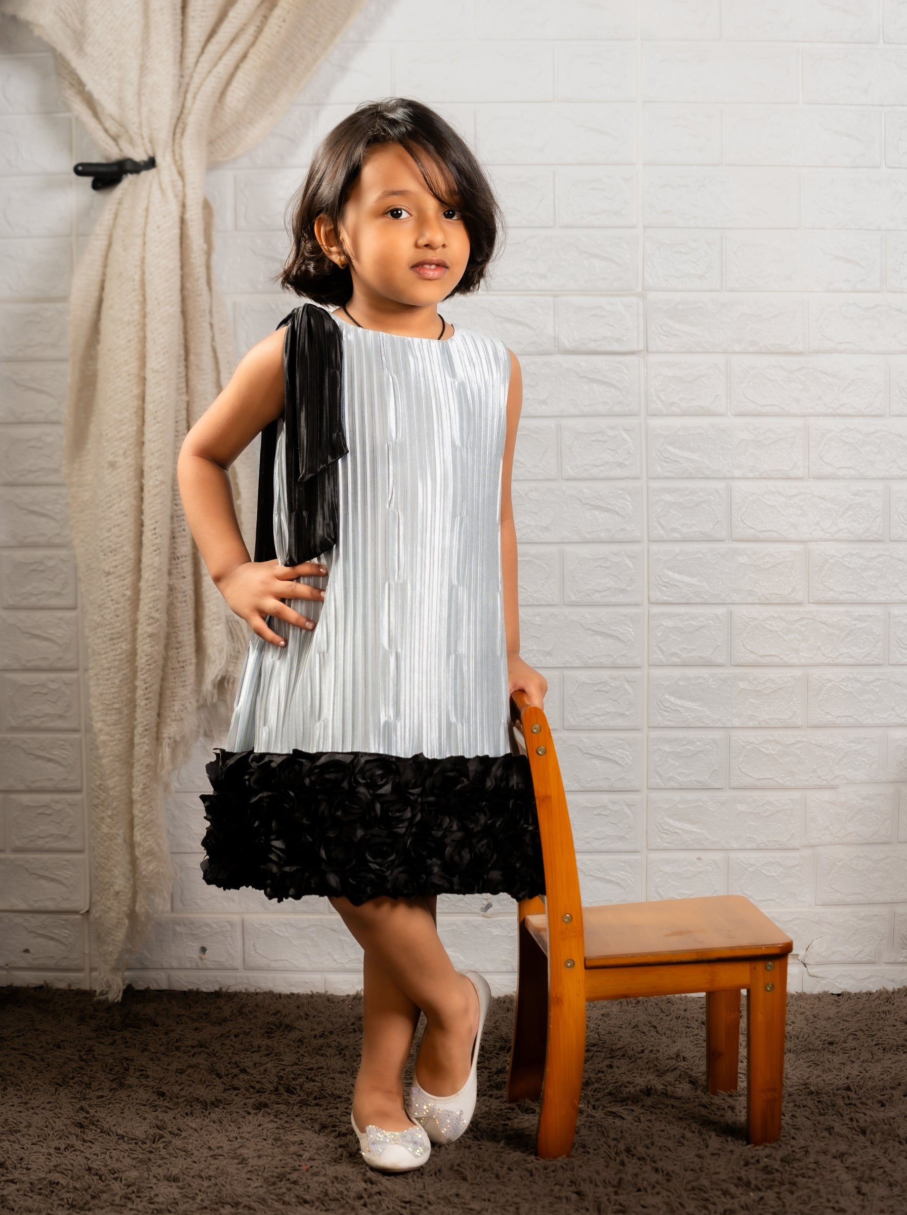 Silver Pleated Bodice & Black Floral Textured Dress | Birthday Party Dress | Luxury Special Occasion Dress for Girls
