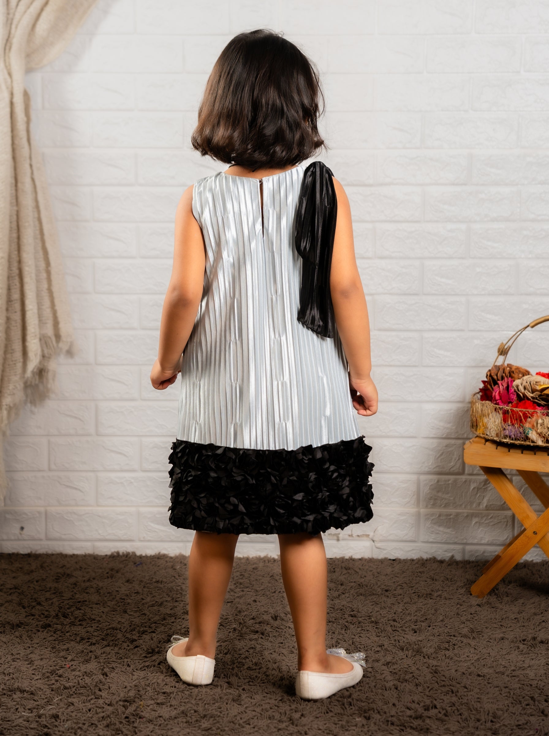 Silver Pleated Bodice & Black Floral Textured Dress | Birthday Party Dress | Luxury Special Occasion Dress for Girls