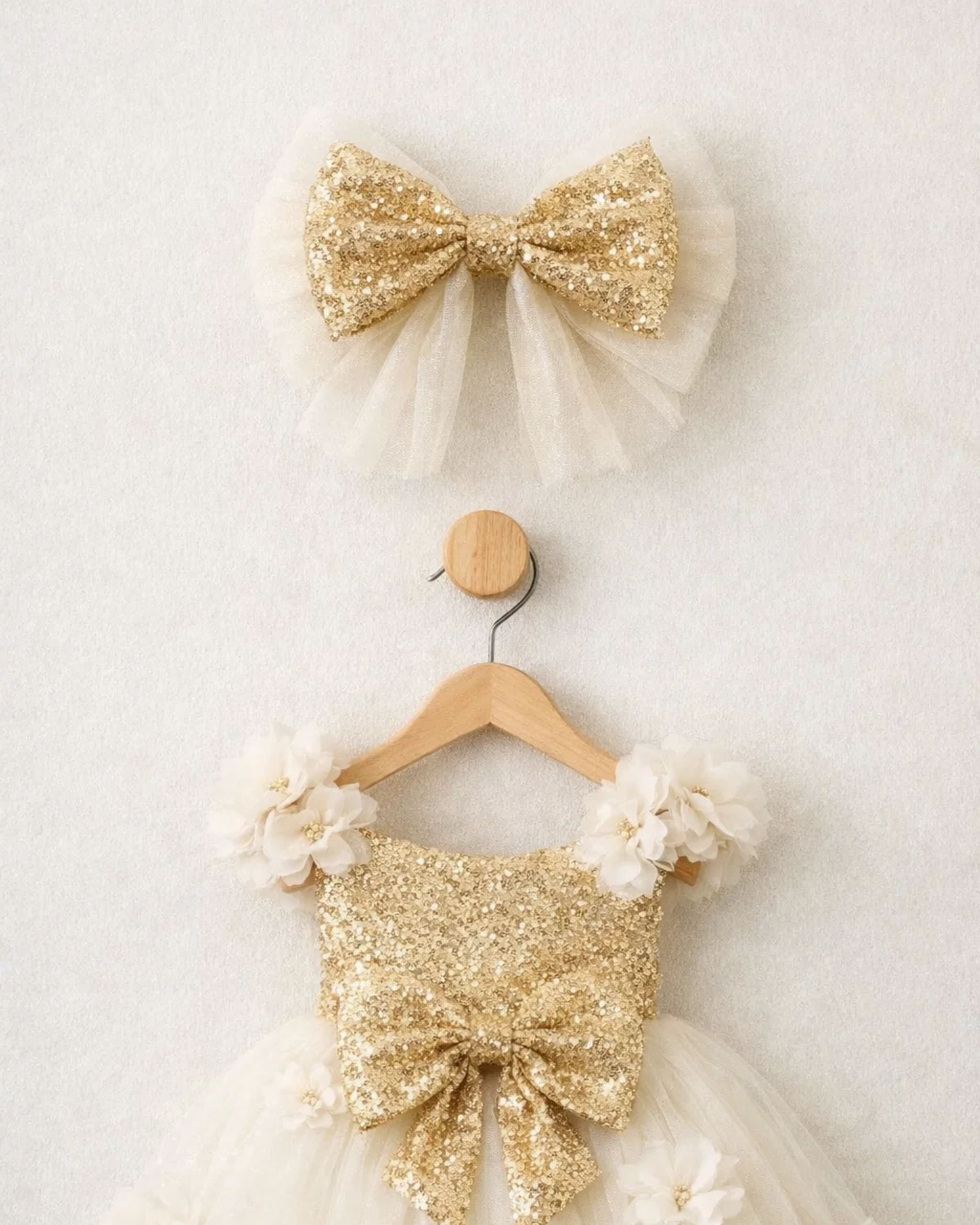 Gold Sequin & Cream Tulle Flower Girl Dress with Handmade Floral Appliqué | Birthday Party Dress | Luxury Special Occasion Dress for Girls