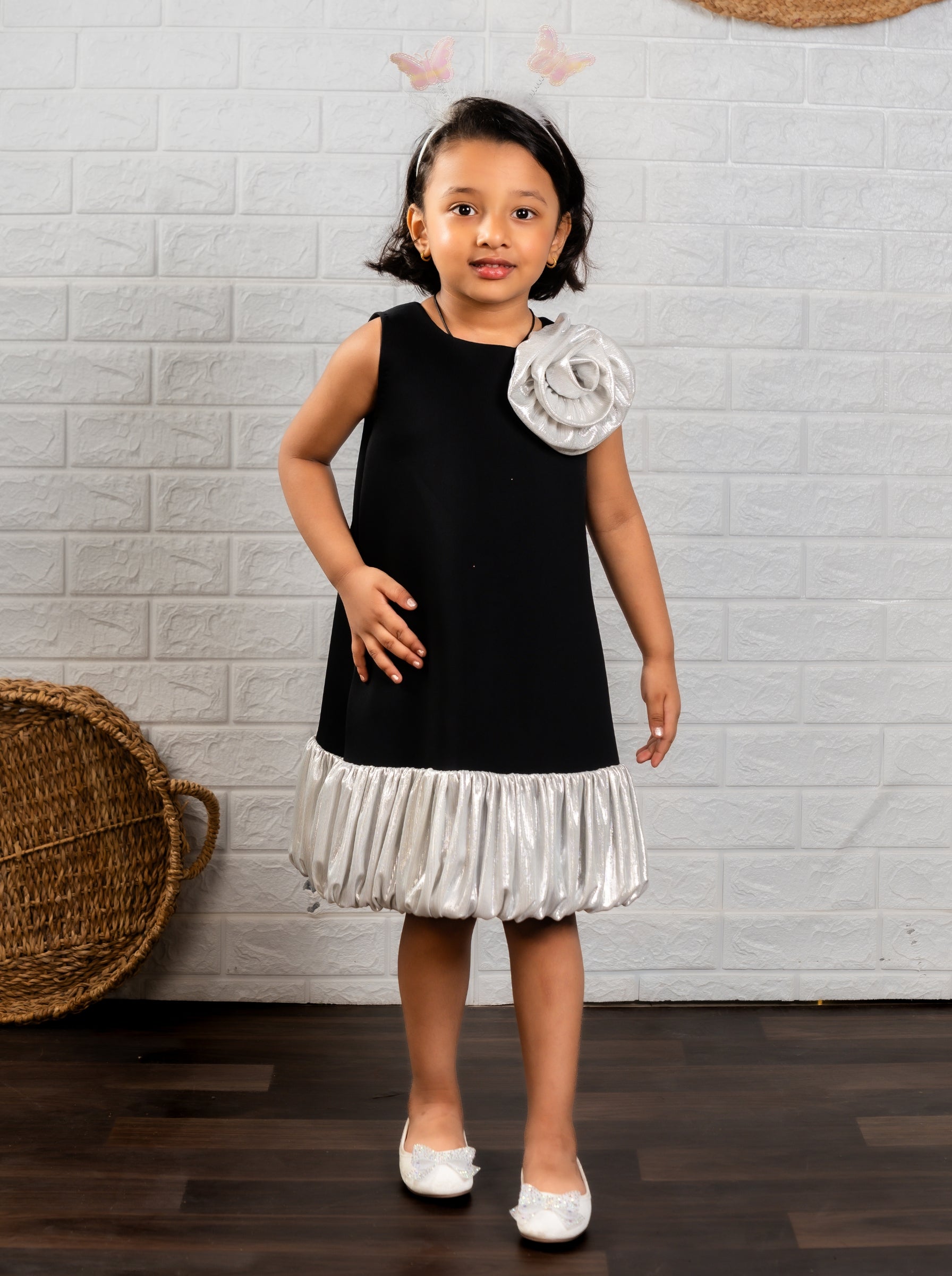 Black Neoprene Dress with Silver Ruffle Hem & Shoulder Flower | Birthday Party Dress | Luxury Special Occasion Dress for Girls