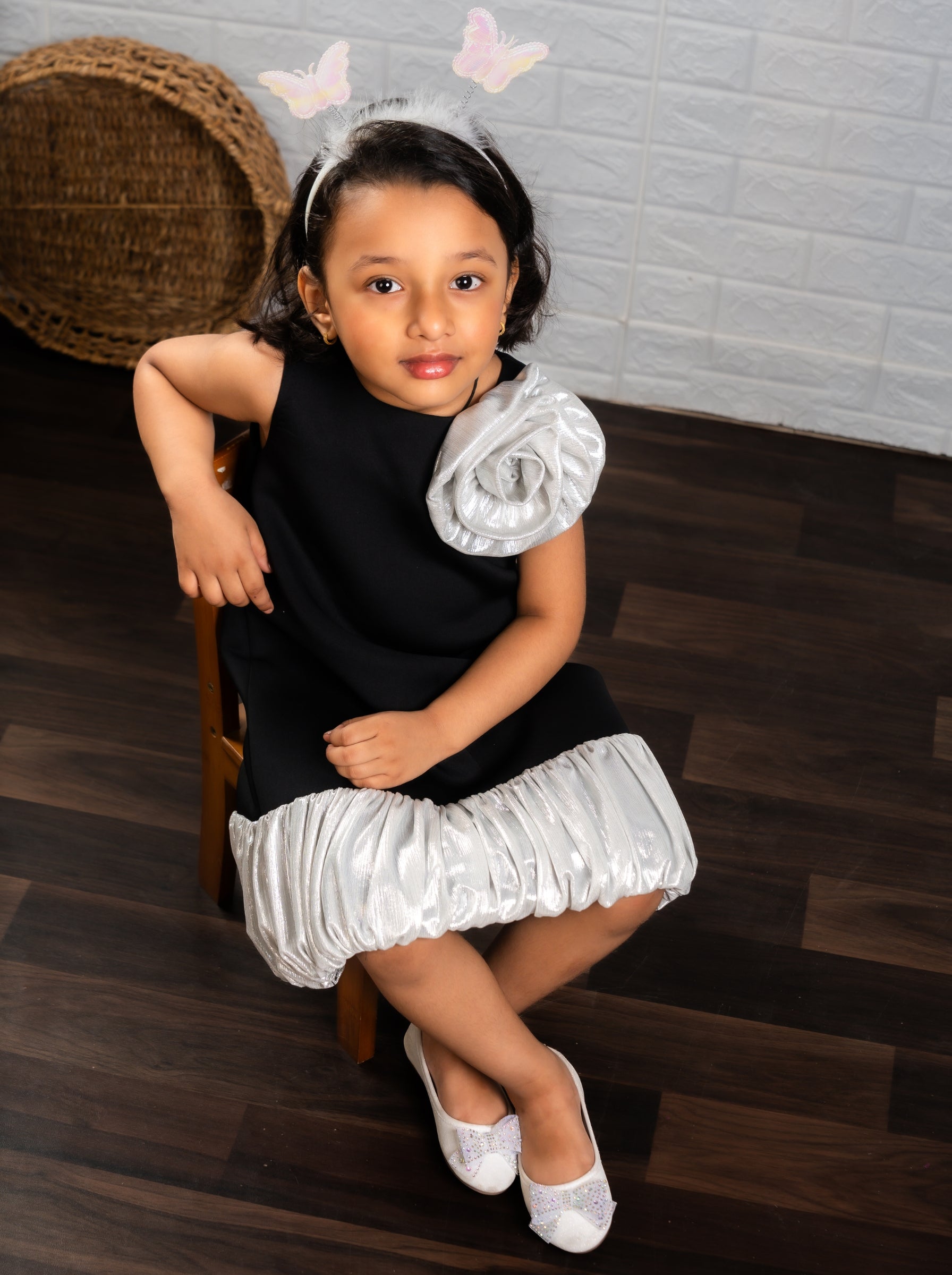 Black Neoprene Dress with Silver Ruffle Hem & Shoulder Flower | Birthday Party Dress | Luxury Special Occasion Dress for Girls