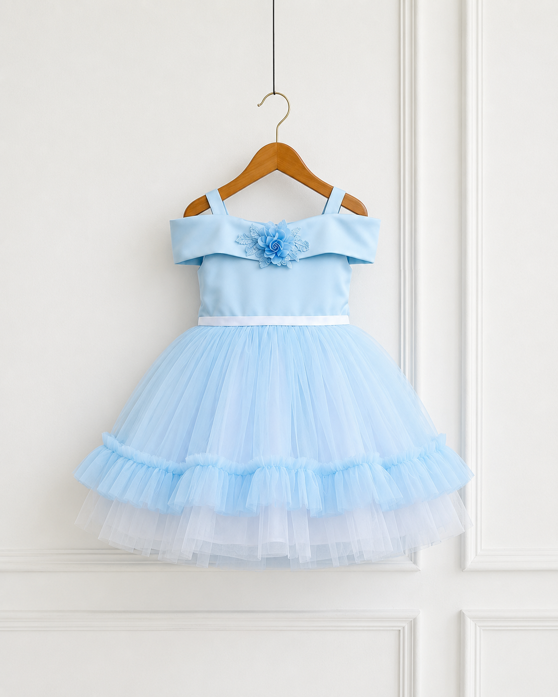 Powder Blue Satin & Tulle Flower Girl Dress – Off‑Shoulder Party Outfit for Girls