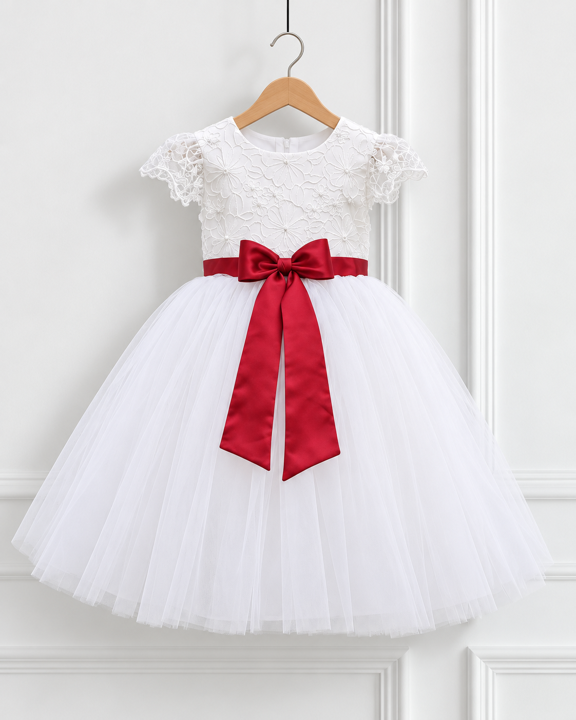 White Lace Party Dress for Girls with Red Satin Bow & Tulle Skirt