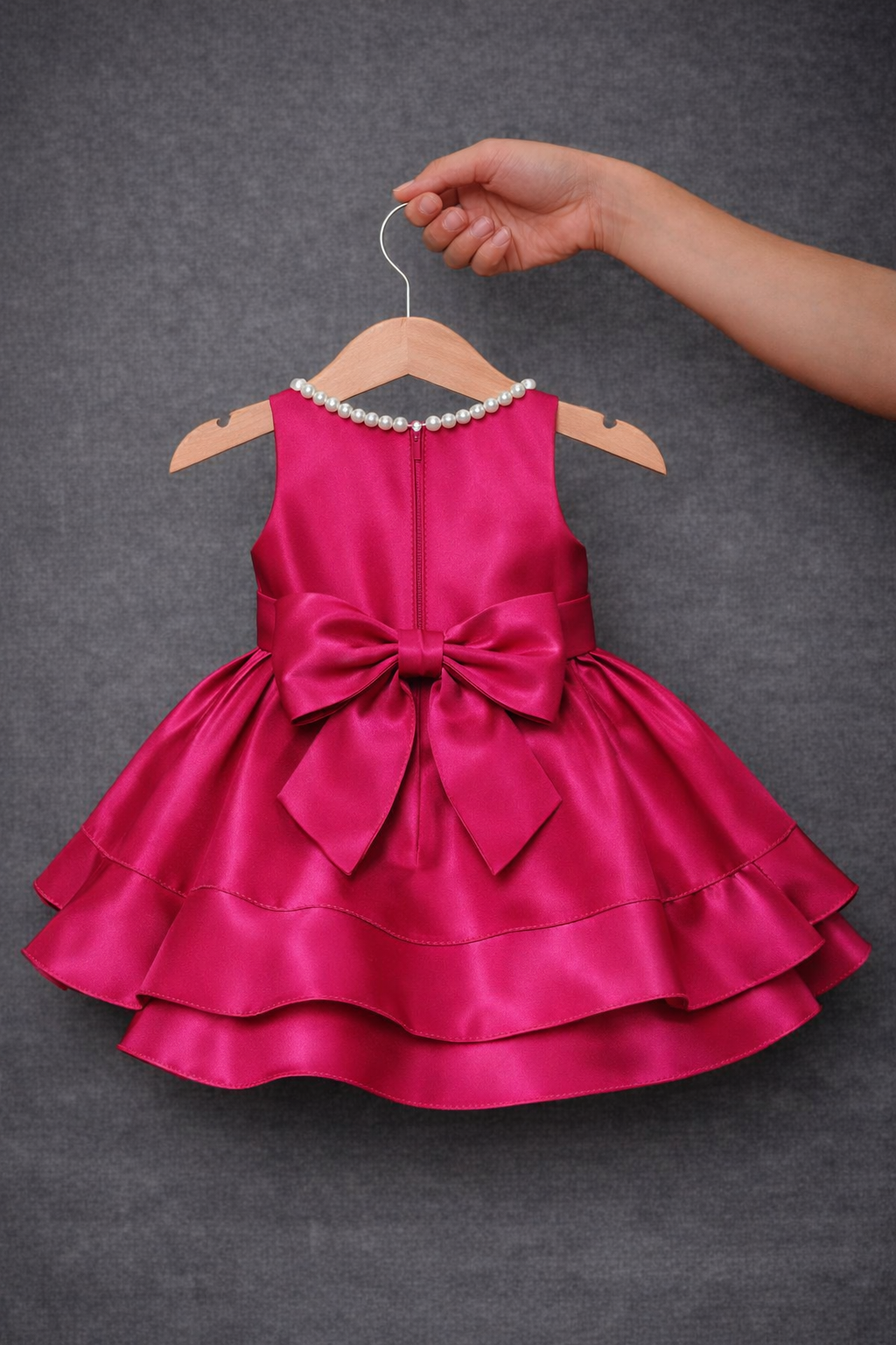 Fuchsia Satin Party Dress for Girls | Pearl Neck Bow Dress | Baby Girl Birthday Dress | Layered Ruffle Dress