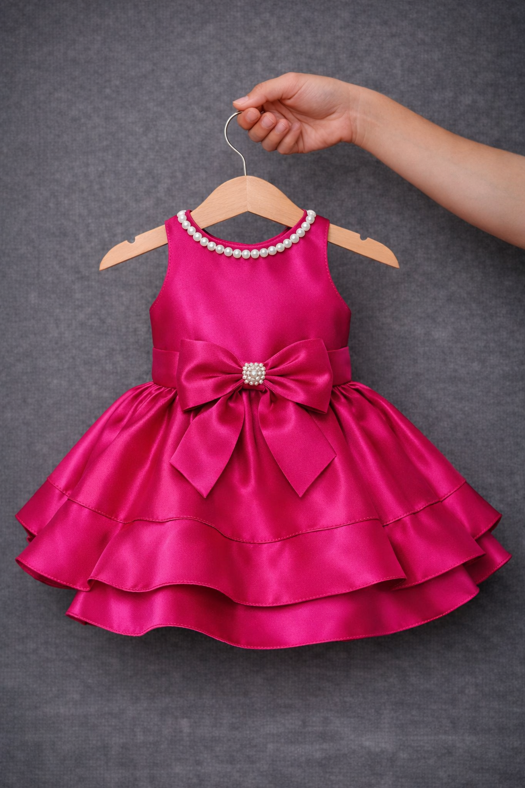 Fuchsia Satin Party Dress for Girls | Pearl Neck Bow Dress | Baby Girl Birthday Dress | Layered Ruffle Dress