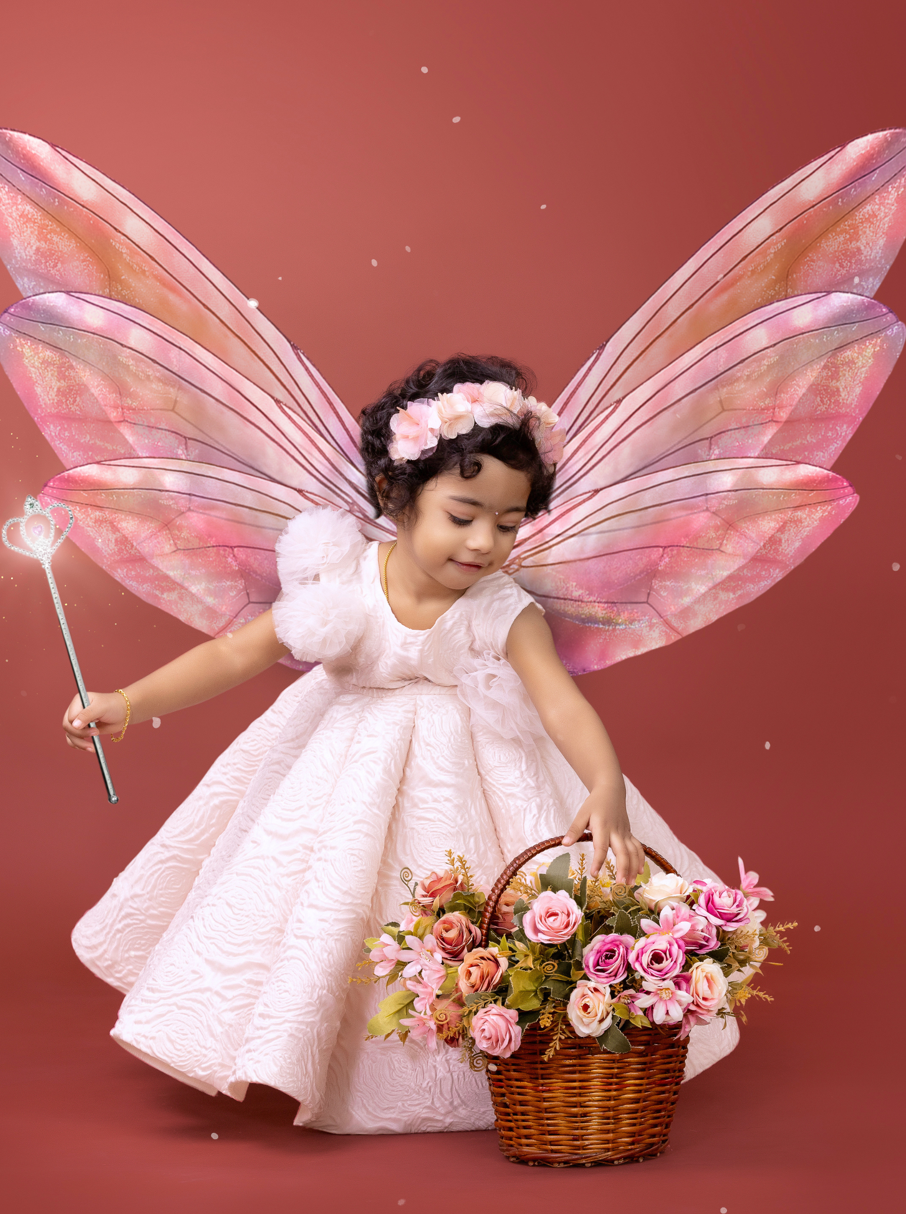 Blush Pink Panel Gown with Textured Fabric and Soft Tulle Flower Sleeves