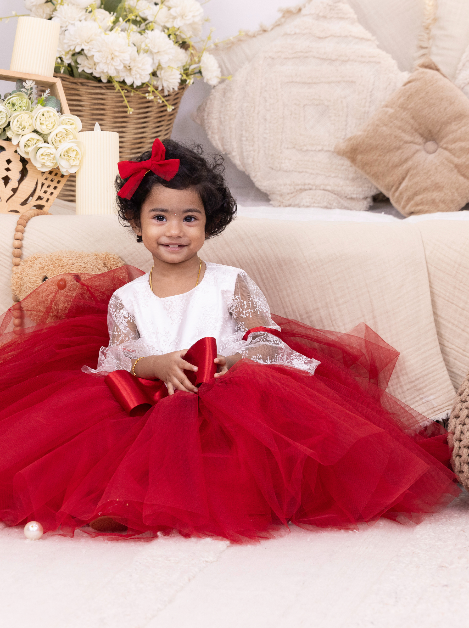 Red & White Lace Flower Girl Dress with Satin Bow, Layered Tulle Skirt and Lantern Sleeves