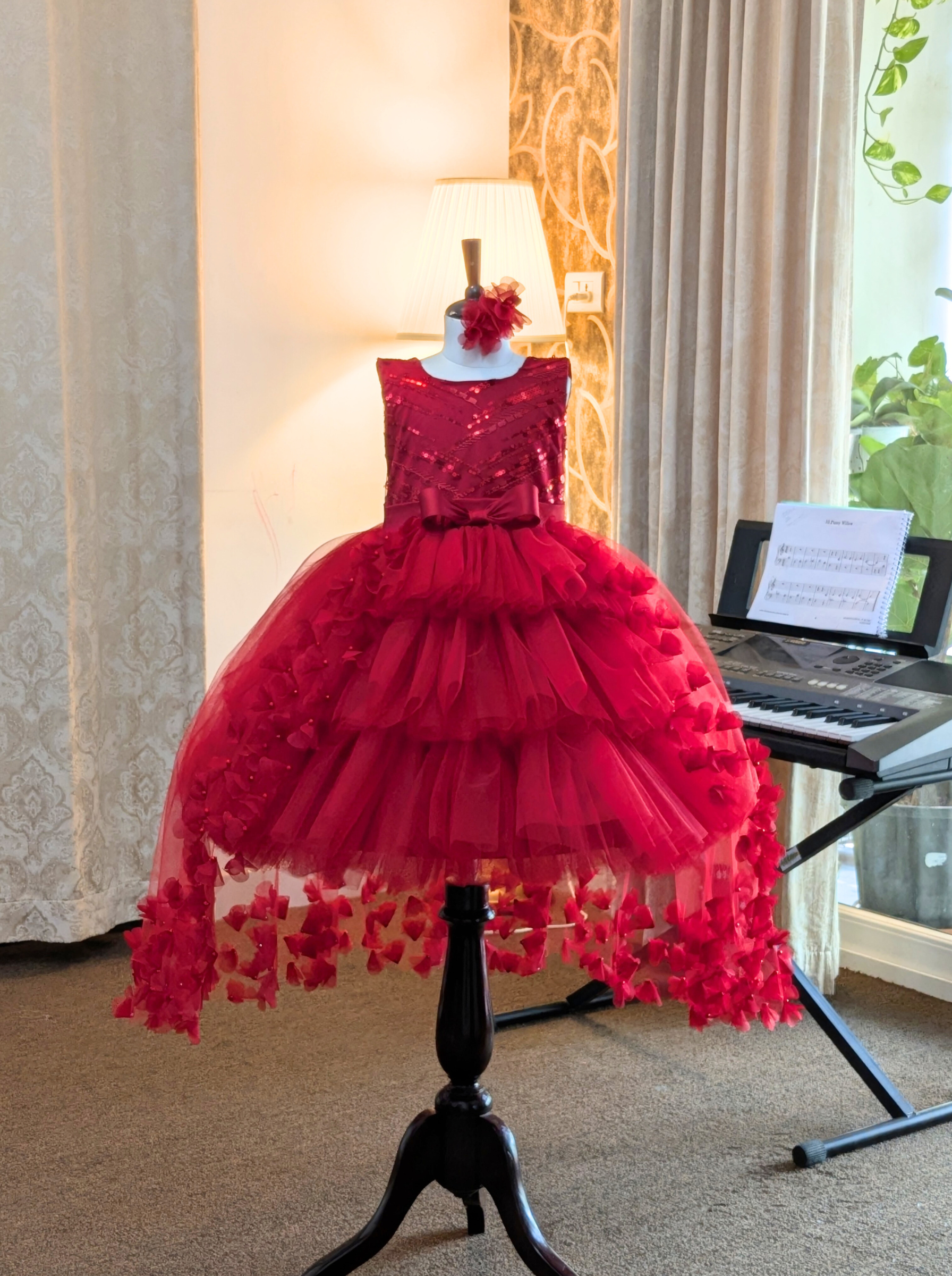 Premium Couture Red Floral Appliqué Party Dress for Girls | Hand Made Statement Gown