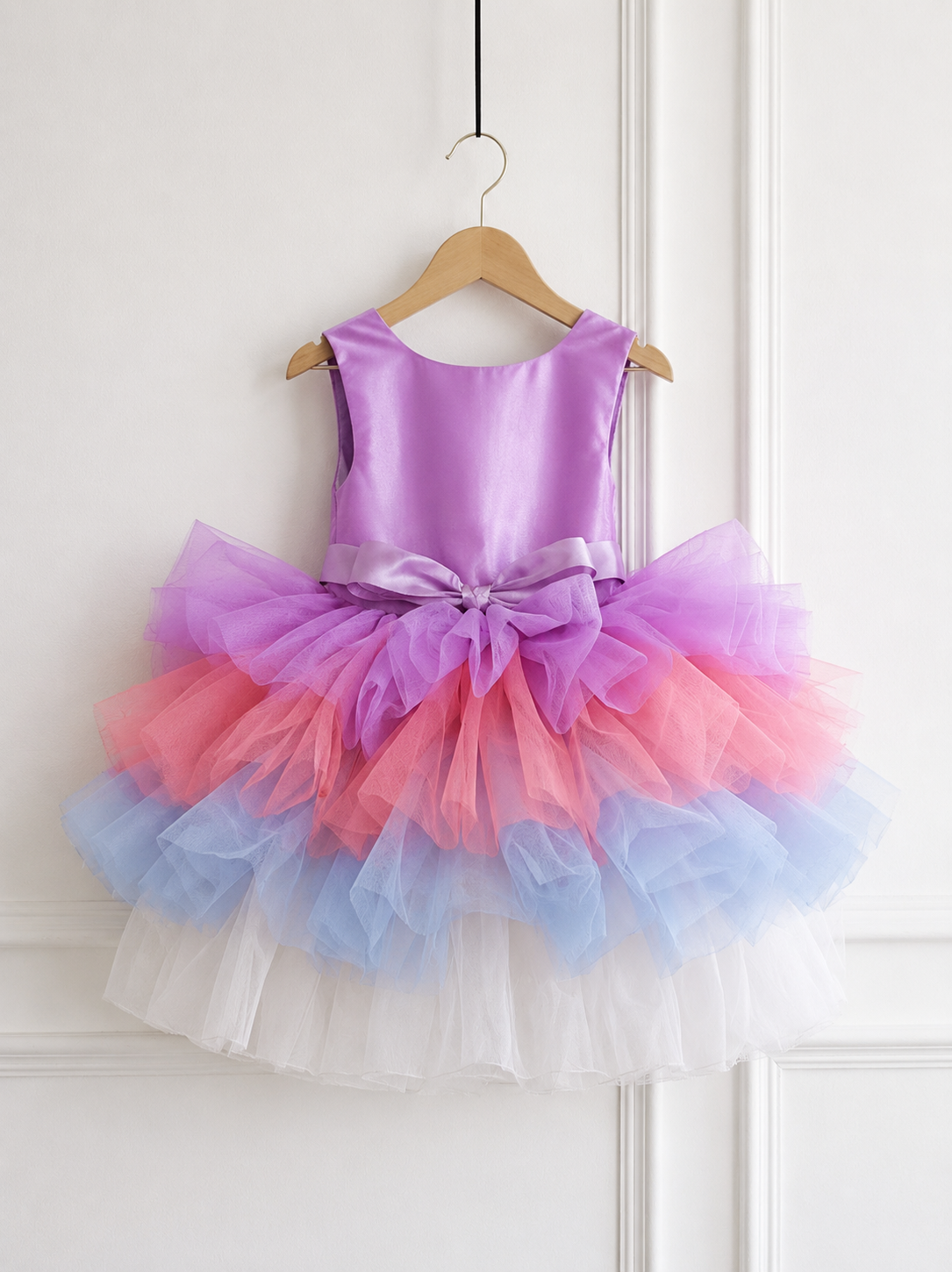 Pastel rainbow candy tutu dress for girls with lavender satin bodice and layered tulle skirt
