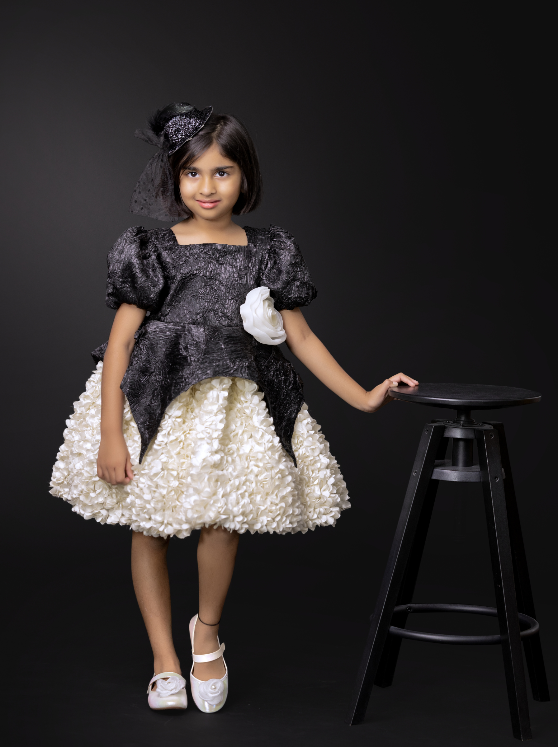 Black & Ivory Dress with Puff Sleeves | Luxury Party Dress for Girls | Formal Birthday & Wedding Dress