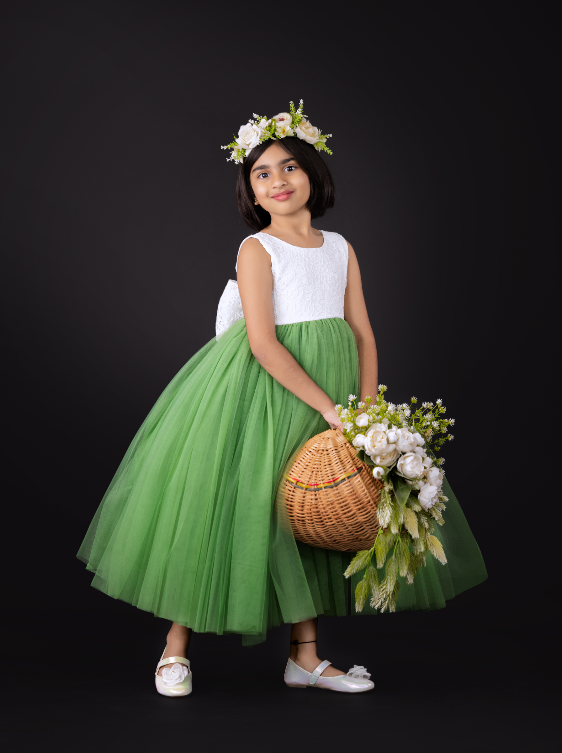 Green Tulle Flower Girl Dress with White Lace Bodice & Bow Back | Luxury Party Dress for Girls | Wedding & Birthday Dress