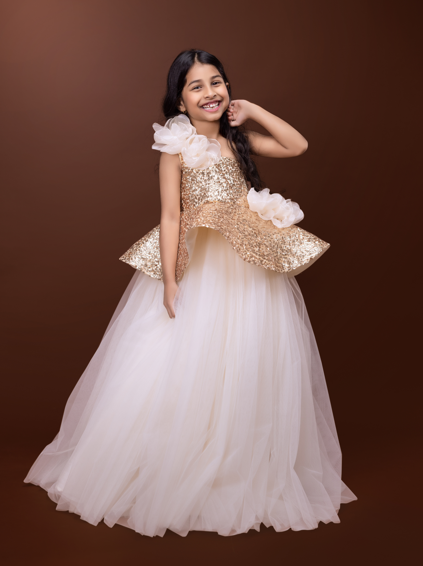 Gold Sequin Couture Gown with Handmade Floral Appliqué | Luxury Flower Girl & Birthday Gown | Designer Party Gown