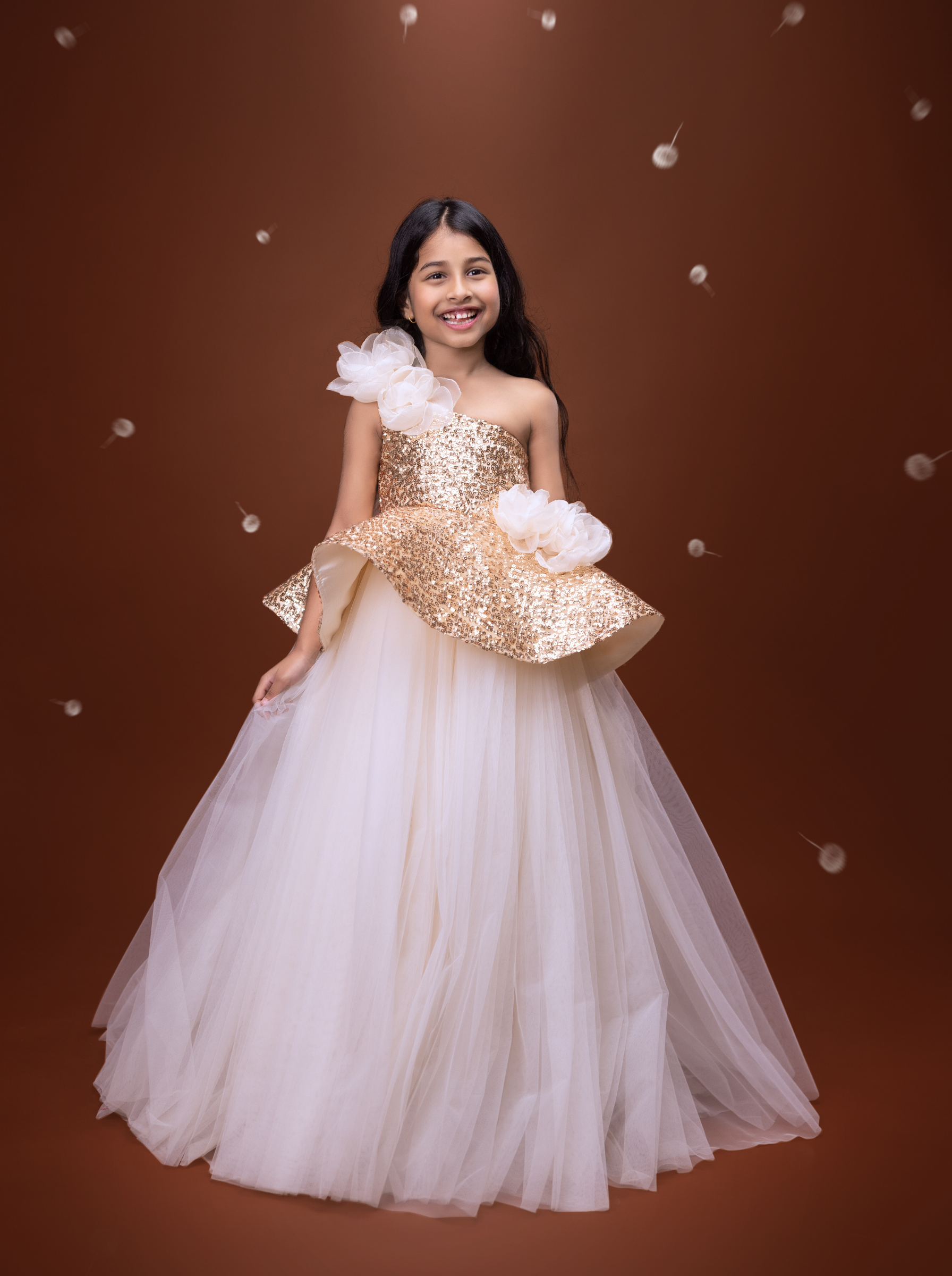 Gold Sequin Couture Gown with Handmade Floral Appliqué | Luxury Flower Girl & Birthday Gown | Designer Party Gown