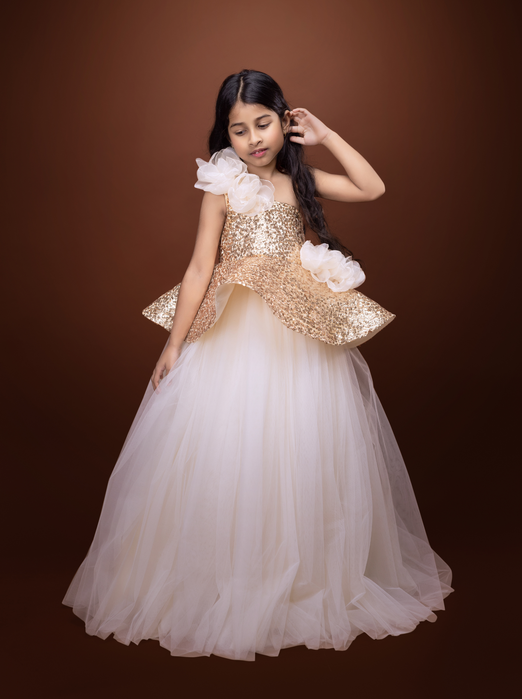 Gold Sequin Couture Gown with Handmade Floral Appliqué | Luxury Flower Girl & Birthday Gown | Designer Party Gown
