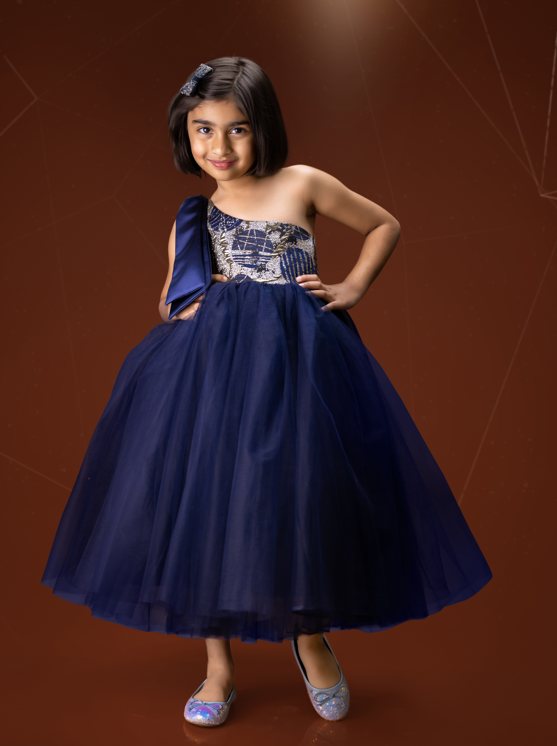 Navy Blue Couture Gown for Girls | One Shoulder Luxury Party Gown | Designer Birthday & Flower Girl Dress