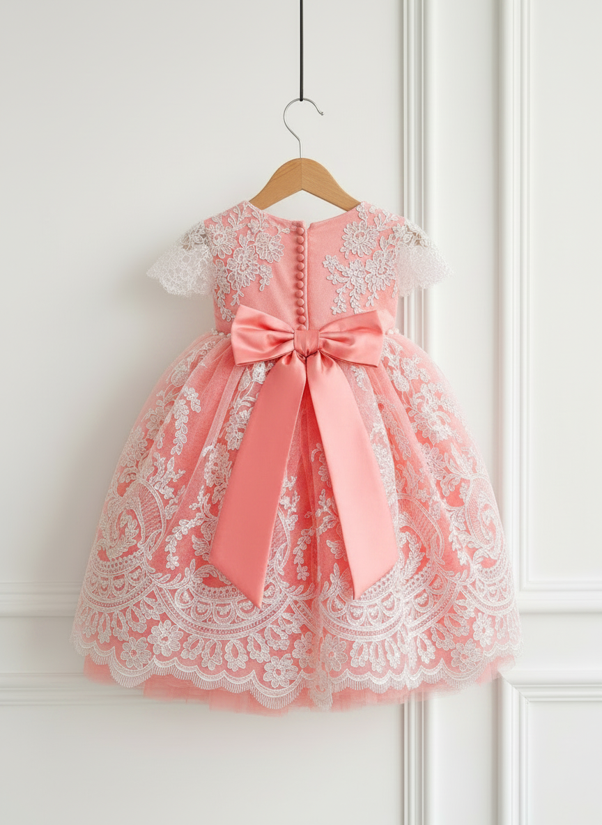 Coral Pink Lace Bow Princess Dress for Girls