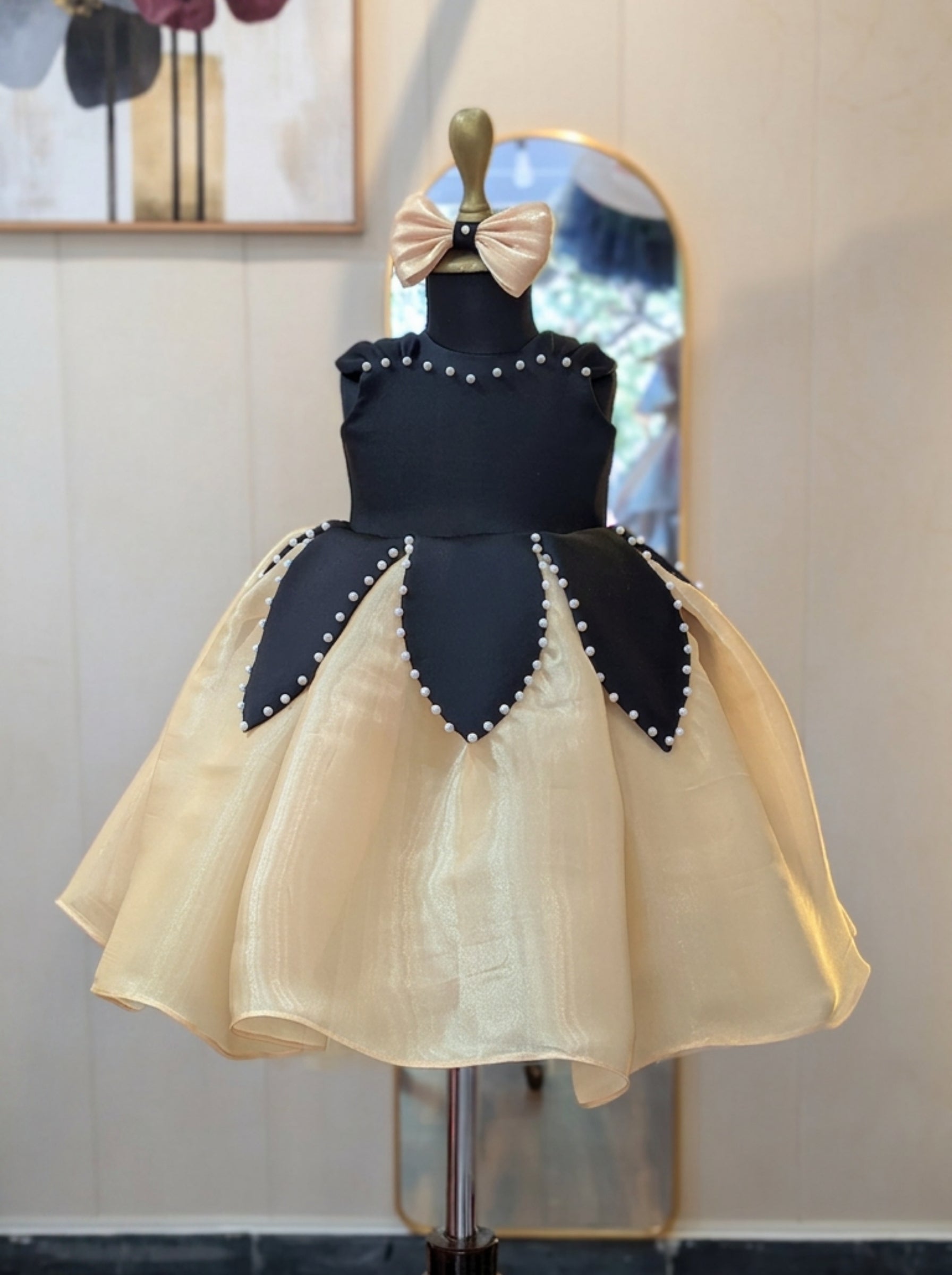 Black & Champagne Princess-Inspired Girls Party Dress with Bow