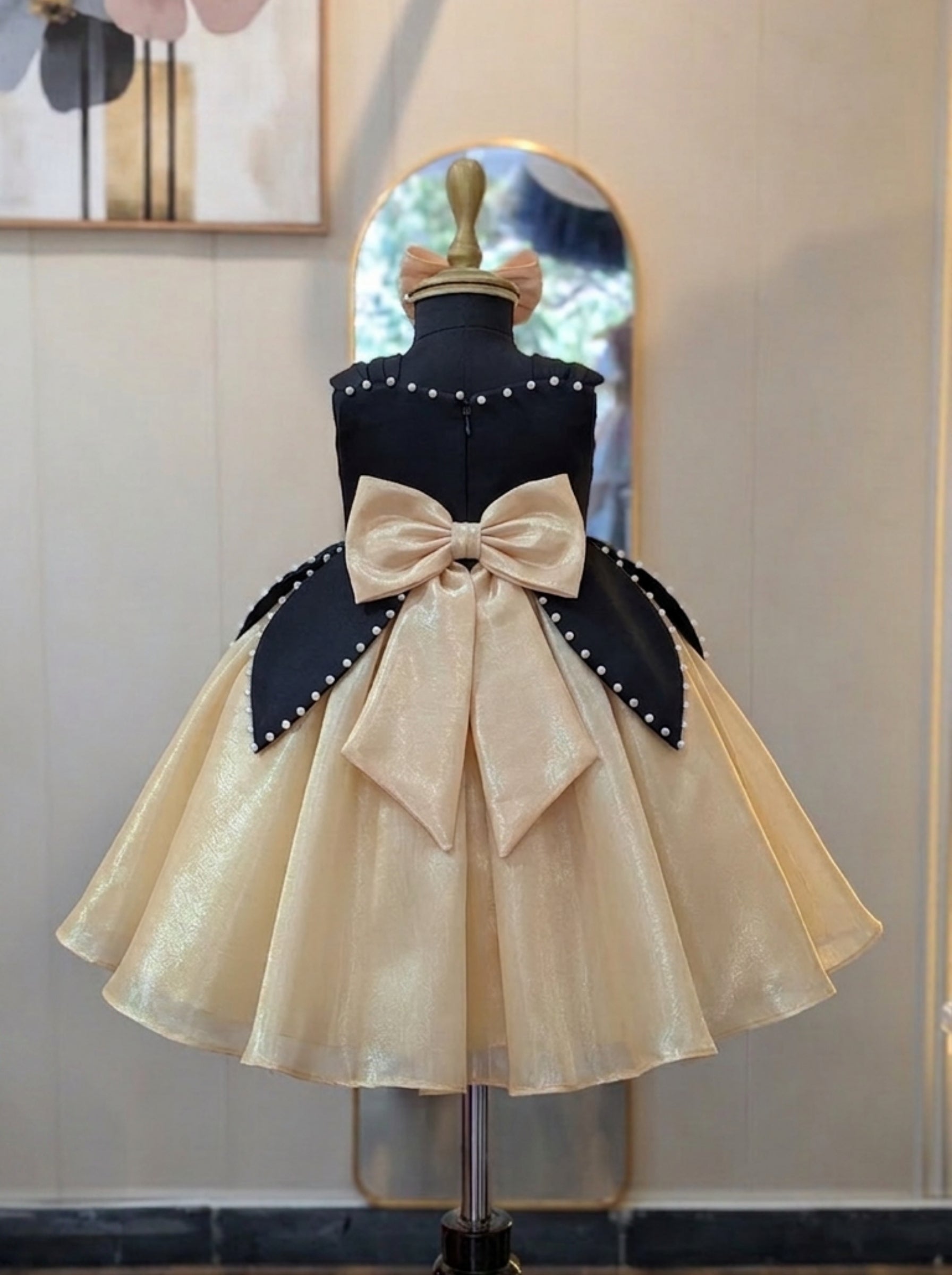Black & Champagne Princess-Inspired Girls Party Dress with Bow