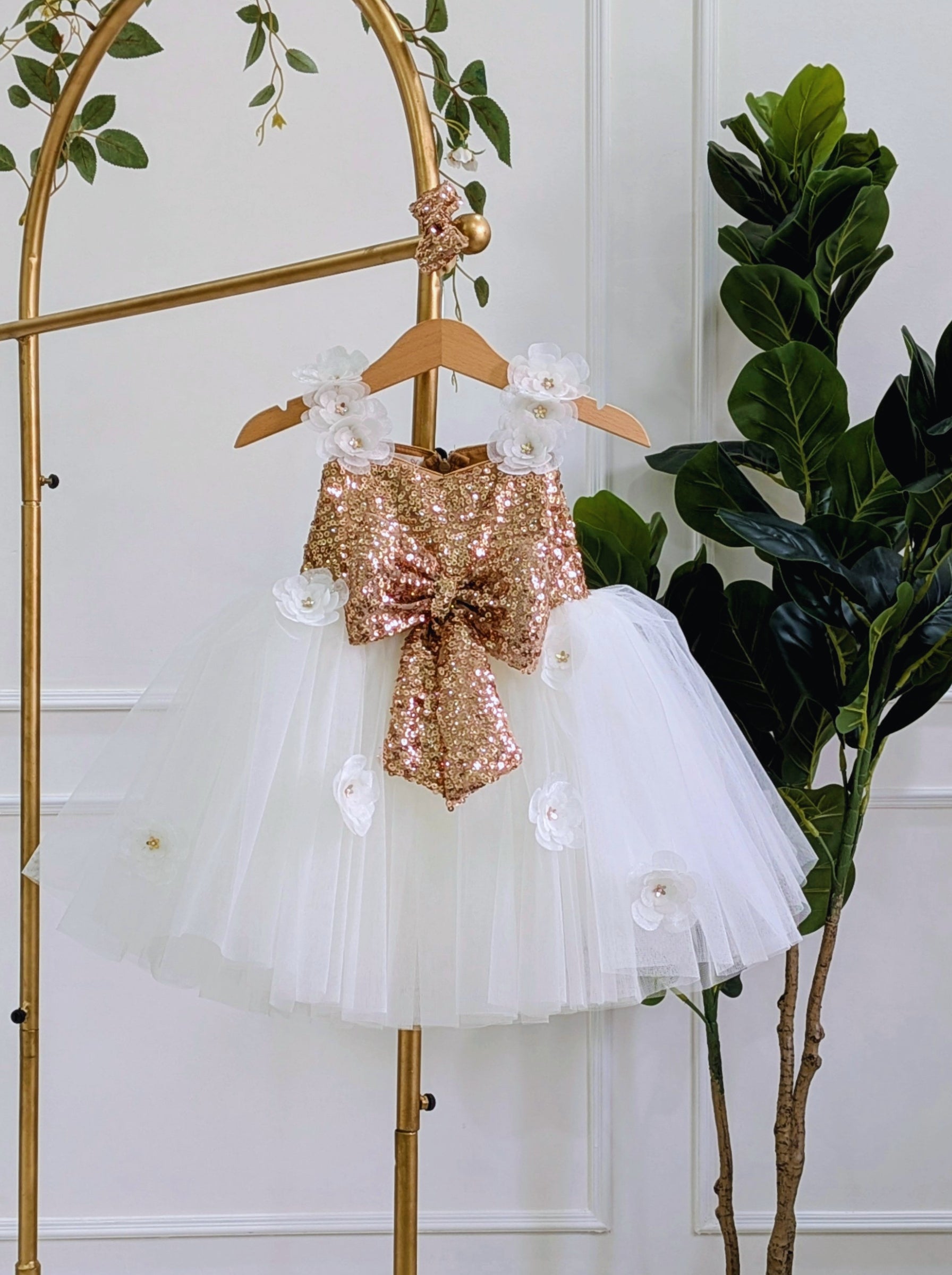 Gold Sequin & Cream Tulle Flower Girl Dress | Luxury Birthday & Wedding Party Wear for Girls India