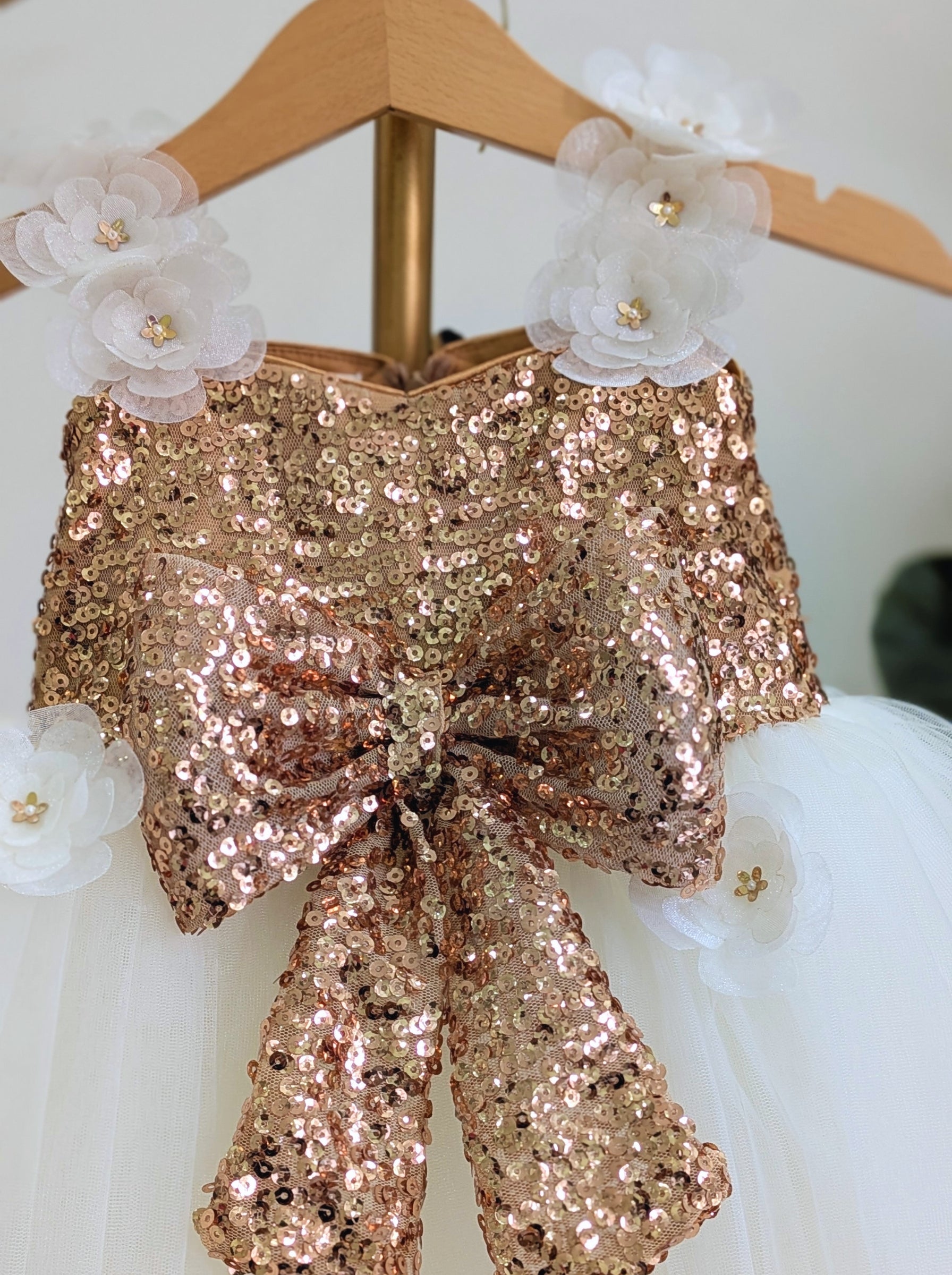 Gold Sequin & Cream Tulle Flower Girl Dress | Luxury Birthday & Wedding Party Wear for Girls India