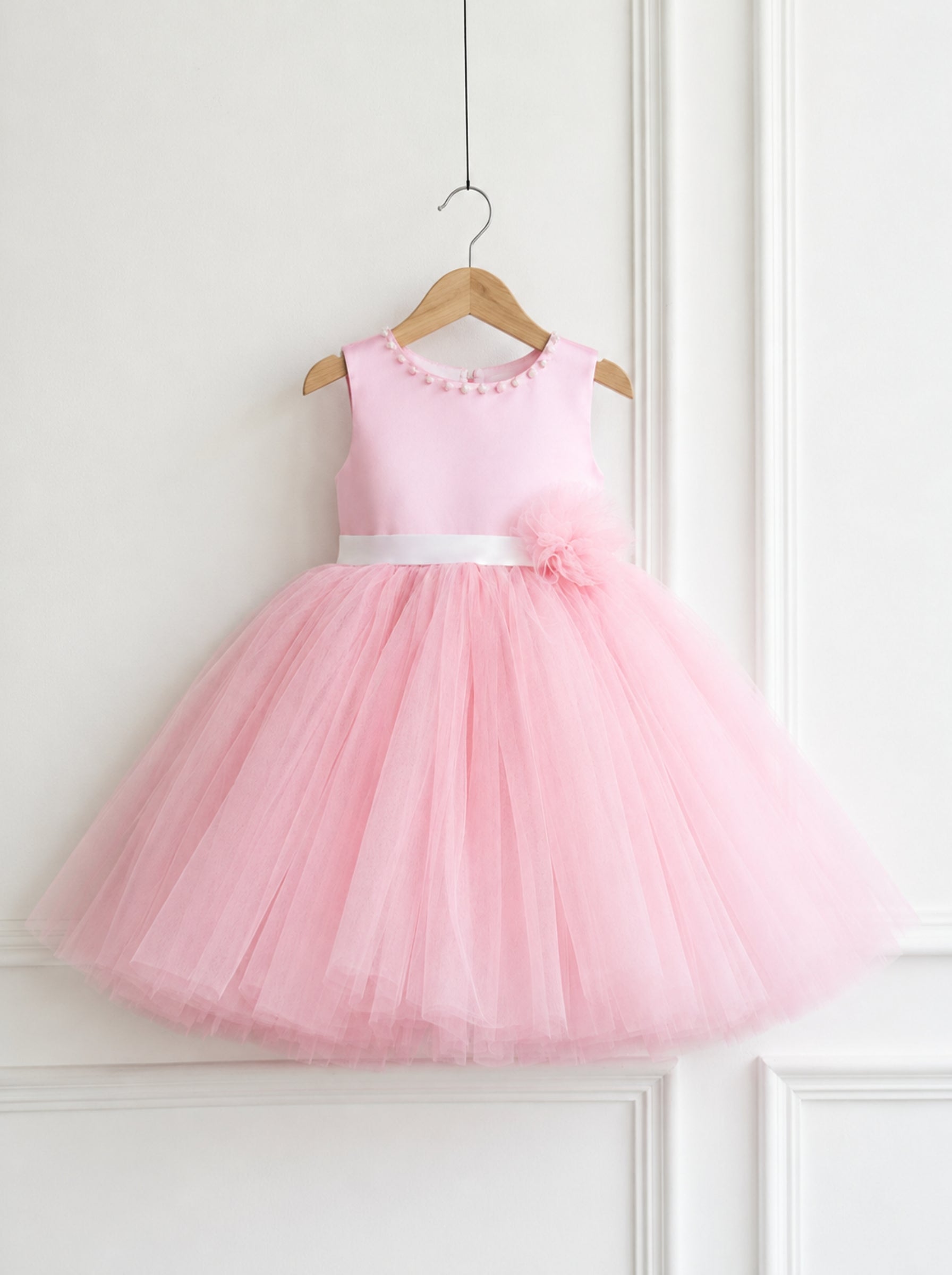 Pink Tulle Flower Girl Dress with Satin Bodice & Pearl Detailing | Luxury Birthday & Wedding Party Wear for Girls