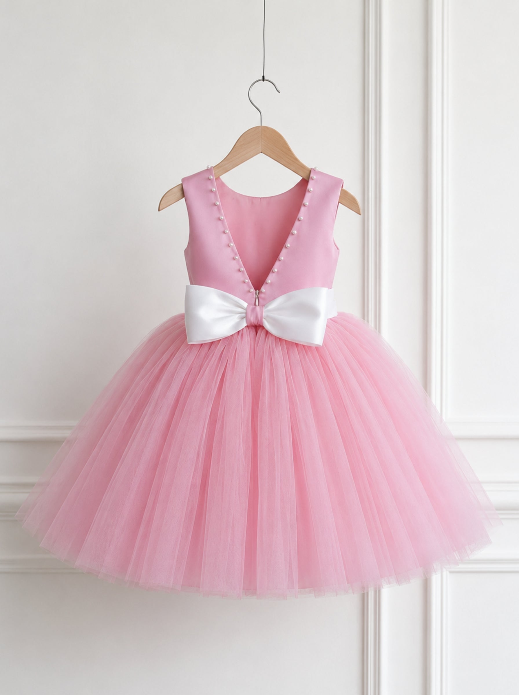 Pink Tulle Flower Girl Dress with Satin Bodice & Pearl Detailing | Luxury Birthday & Wedding Party Wear for Girls
