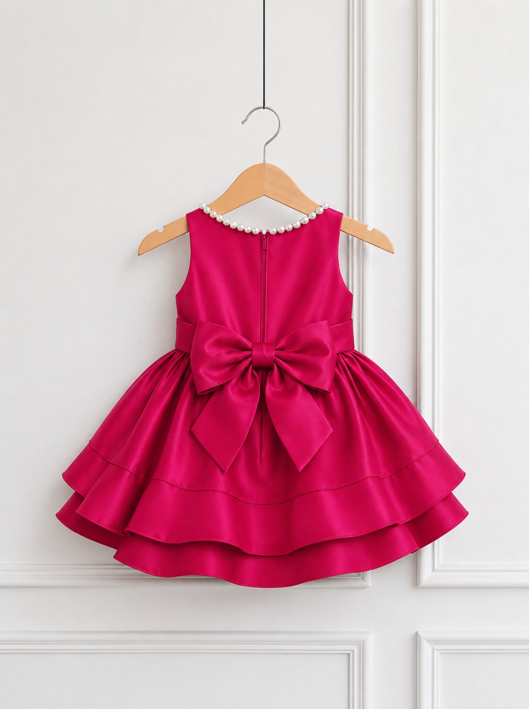 Fuchsia Pink Satin Birthday Party Dress for Girls with Pearl Neckline, Bow & Layered Ruffle Skirt