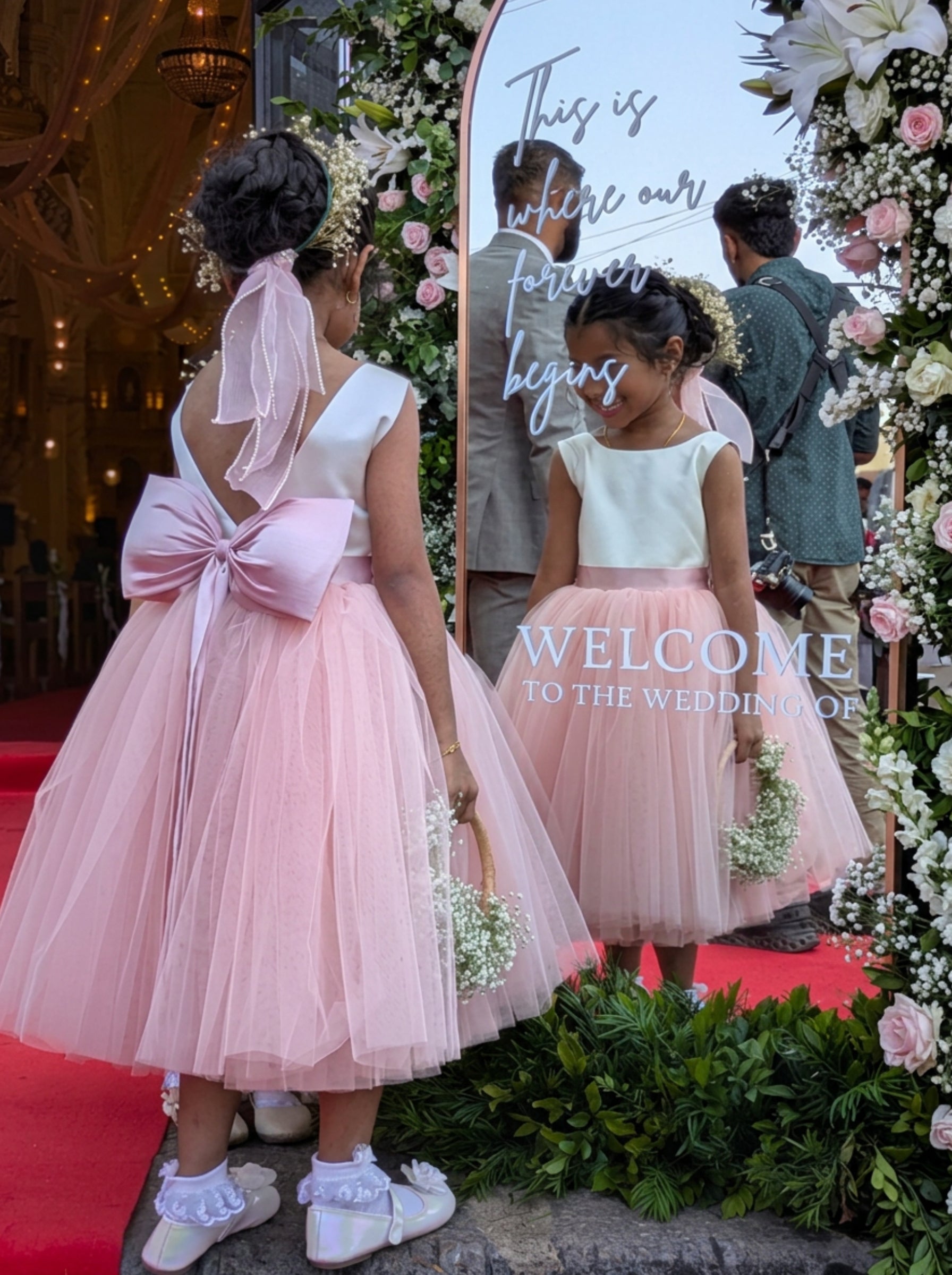 Ivory & Blush Pink Flower Girl Dress for Girls | Duchess Satin Bodice with Soft Tulle Skirt | Wedding Dress