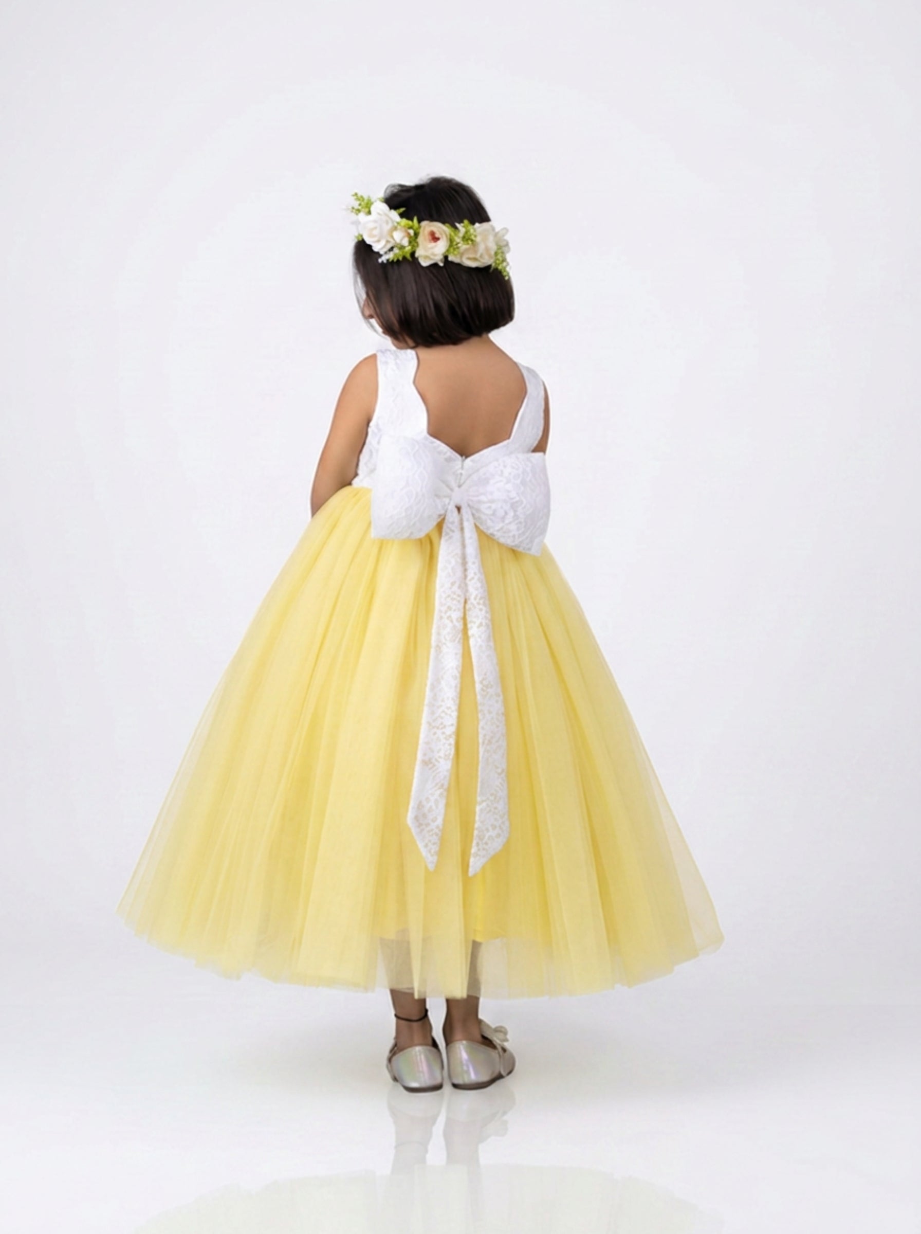 Buttercup Bloom Flower Girl & Birthday Dress for Girls – White Lace Bodice with Soft Yellow Tulle Gown