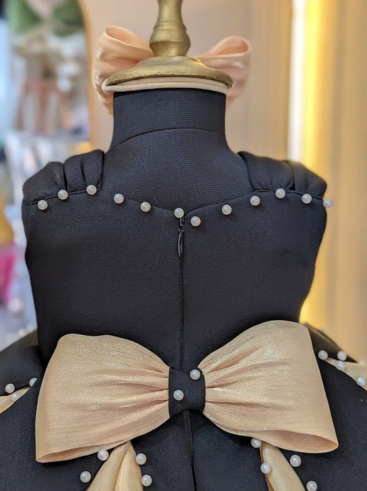Black & Champagne Princess-Inspired Girls Party Dress with Bow