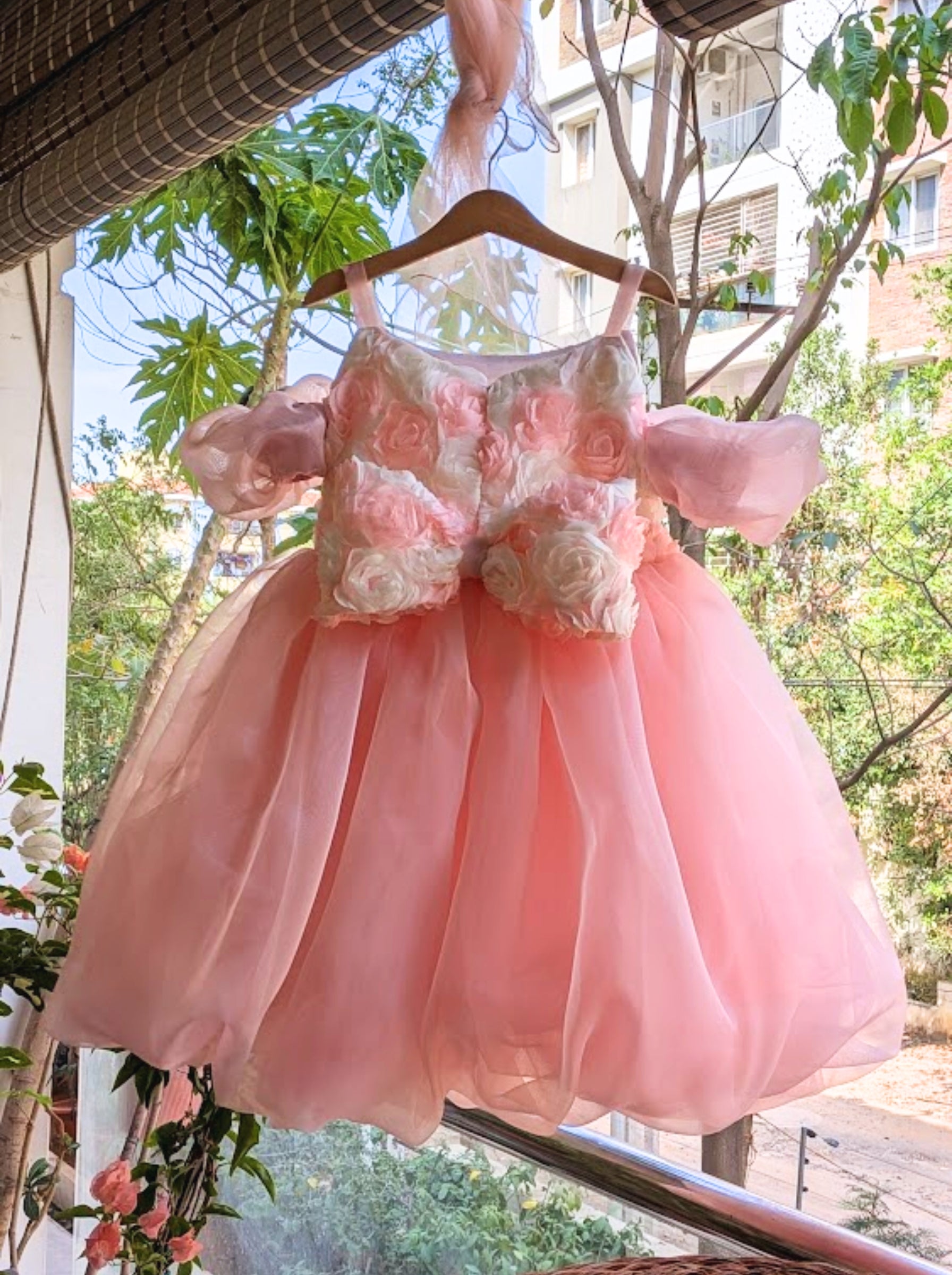 Rosette Blush Pink Cold Shoulder Balloon Dress