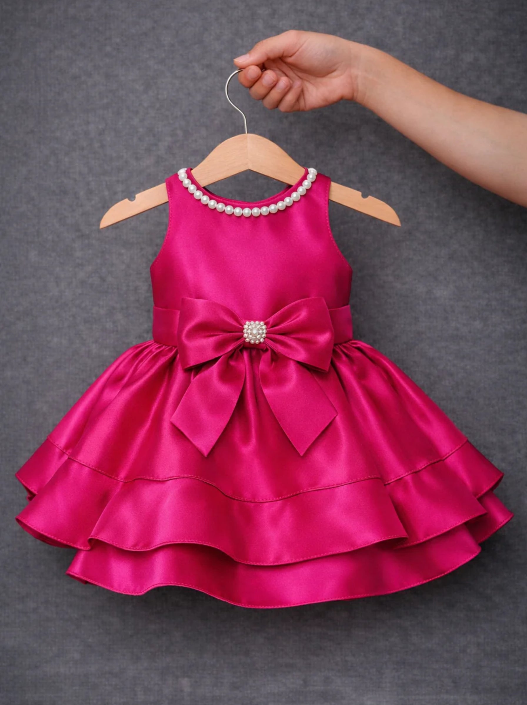 Fuchsia Satin Party Dress for Girls | Pearl Neck Bow Dress | Baby Girl Birthday Dress | Layered Ruffle Dress