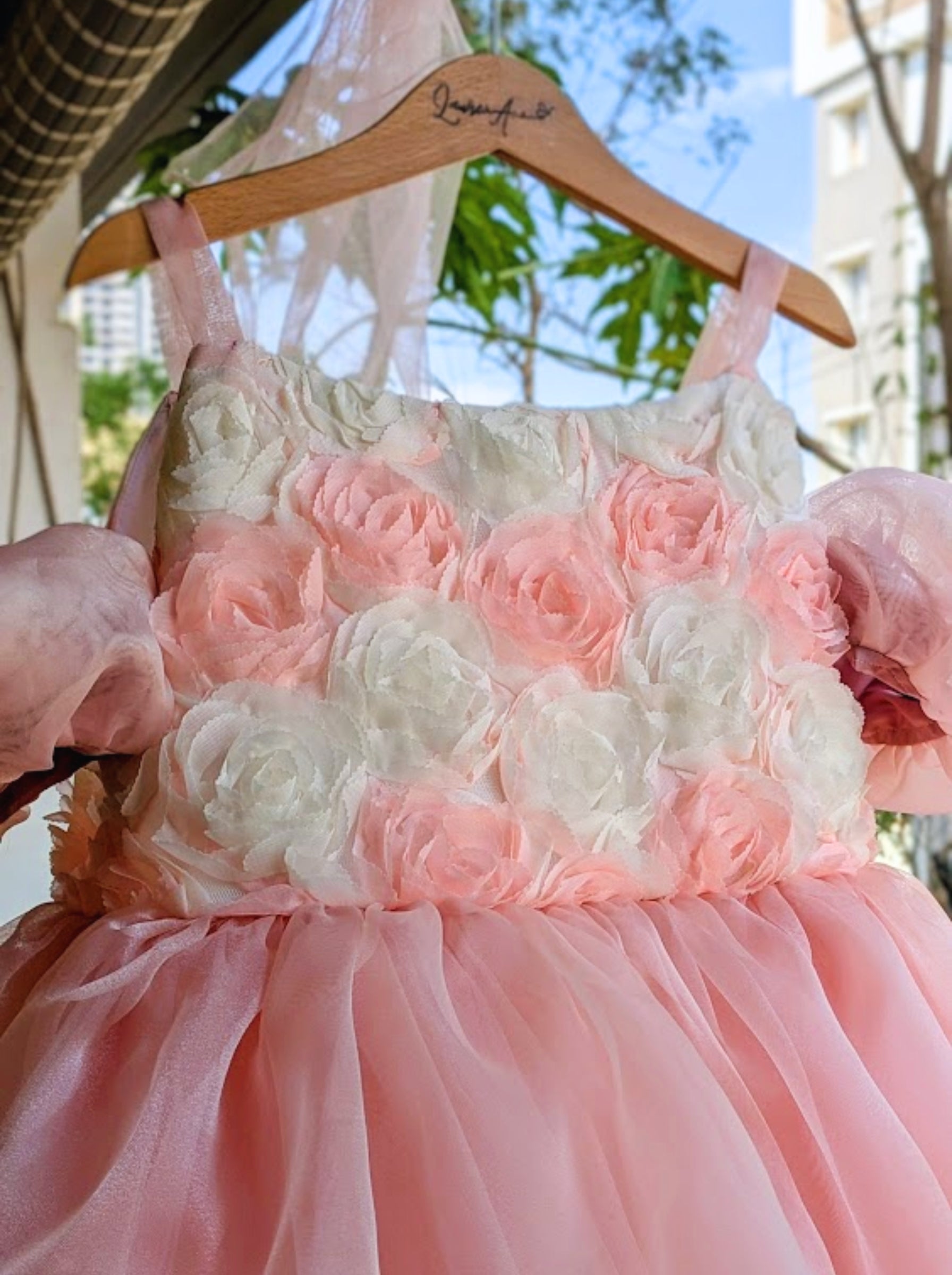 Rosette Blush Pink Cold Shoulder Balloon Dress