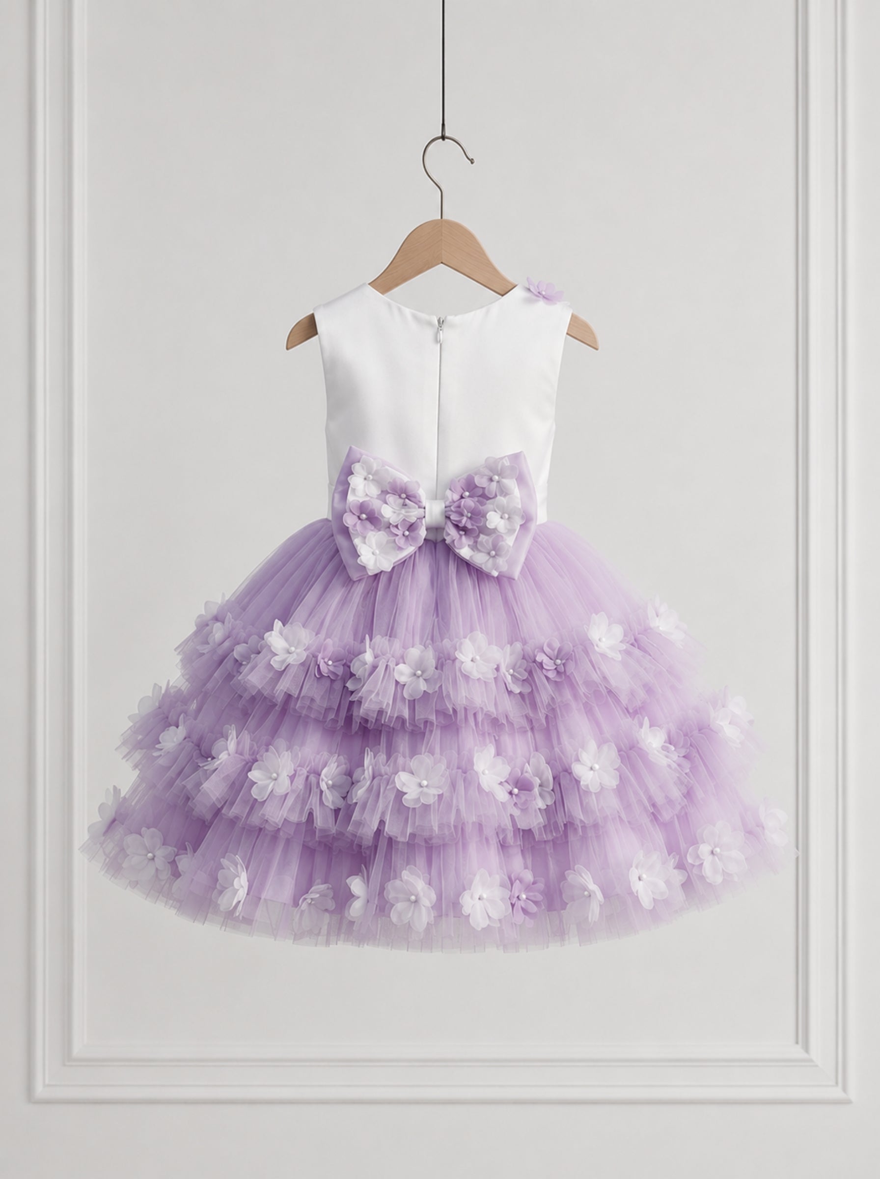 Lavender Flower Appliqué Dress for Girls – Satin Bodice with Bow | Birthday, Wedding & Party Gown