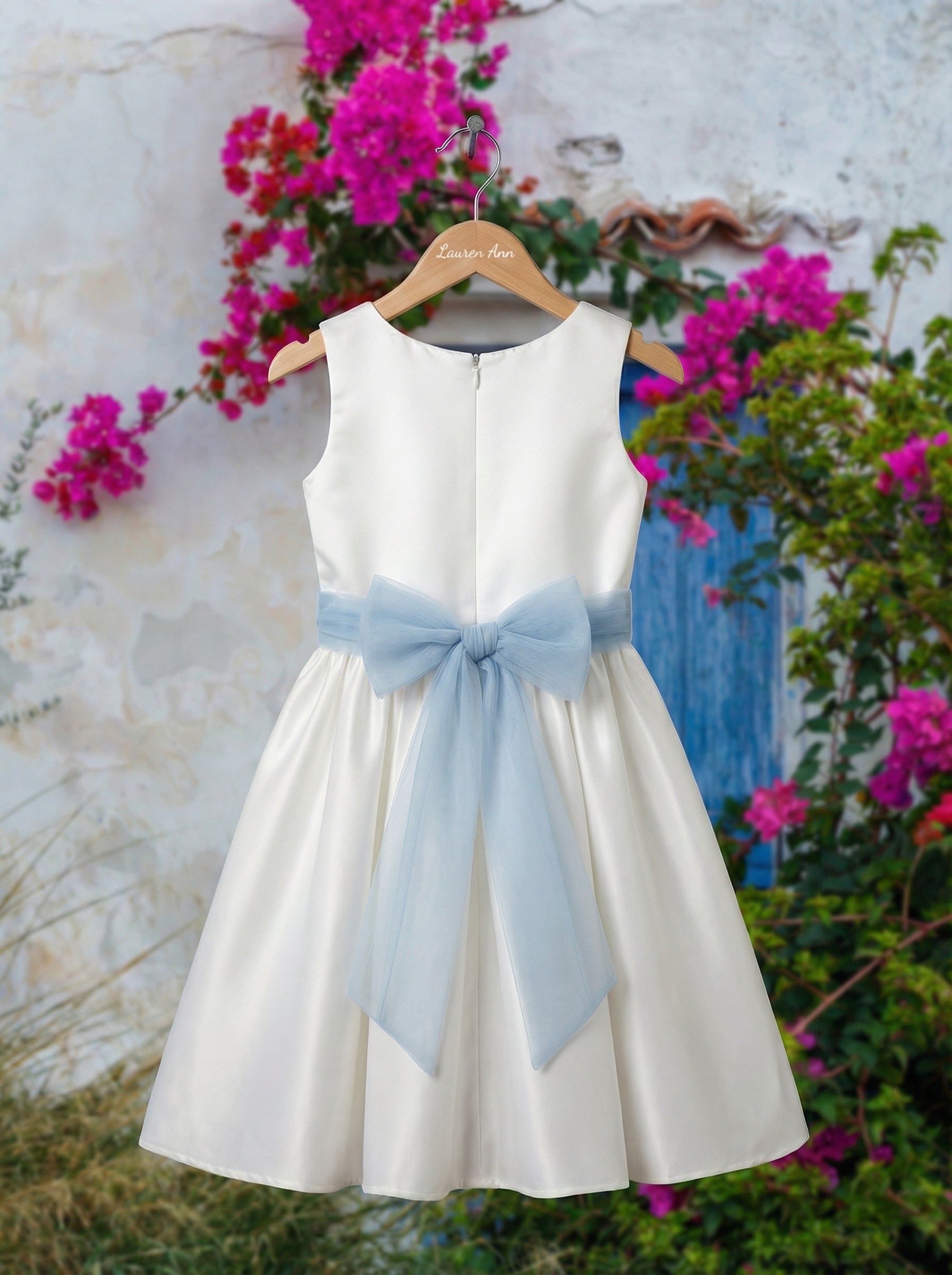 White Bridal Satin Flower Girl Dress with Powder Blue Bow | Powder Blue Wedding Theme Dress for Kids