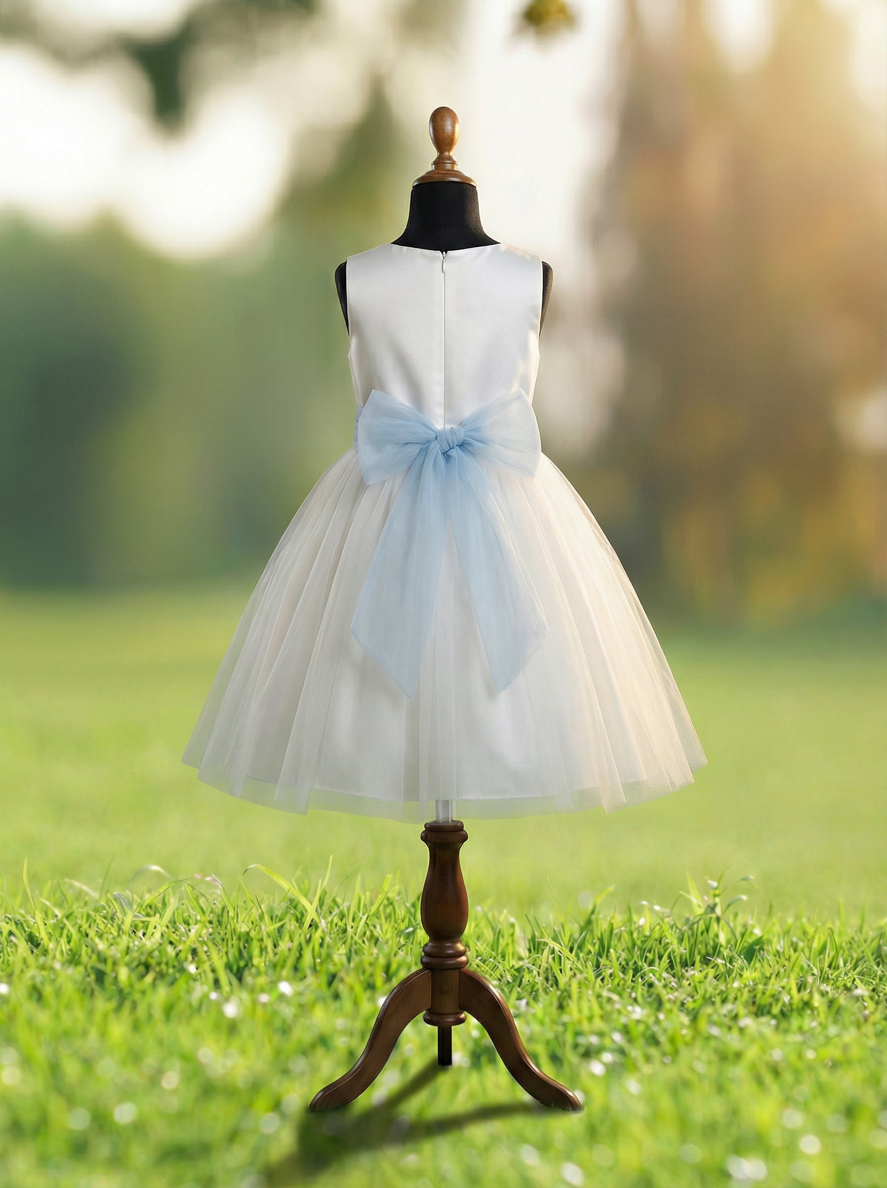 White Bridal Satin Flower Girl Dress with Powder Blue Bow | Powder Blue Wedding Theme Dress for Kids