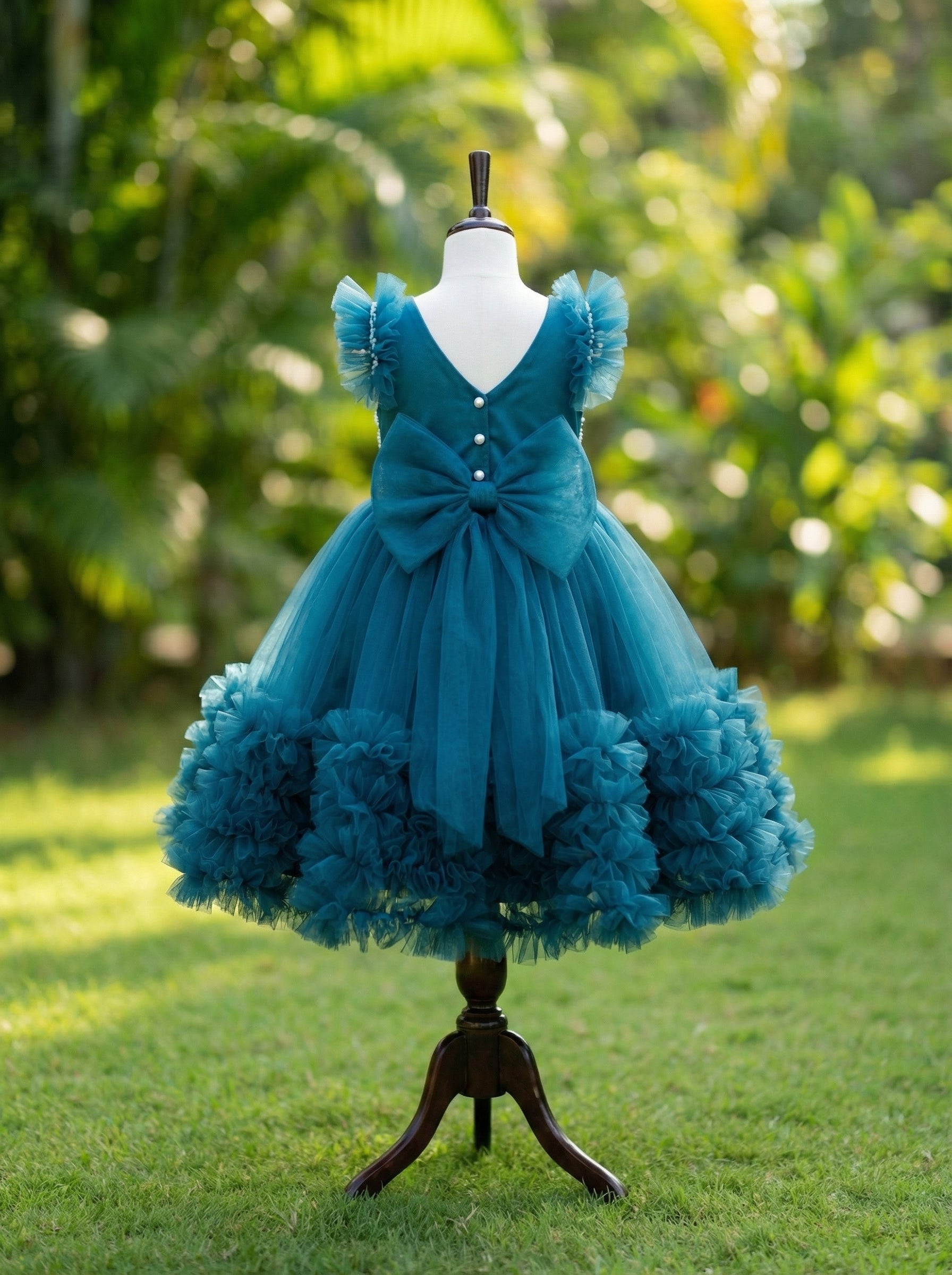 Teal Pearl Embellished Party Dress for Girls | Layered Tulle Skirt with Ruffled Hem & Bow Back | Lauren Ann Couture