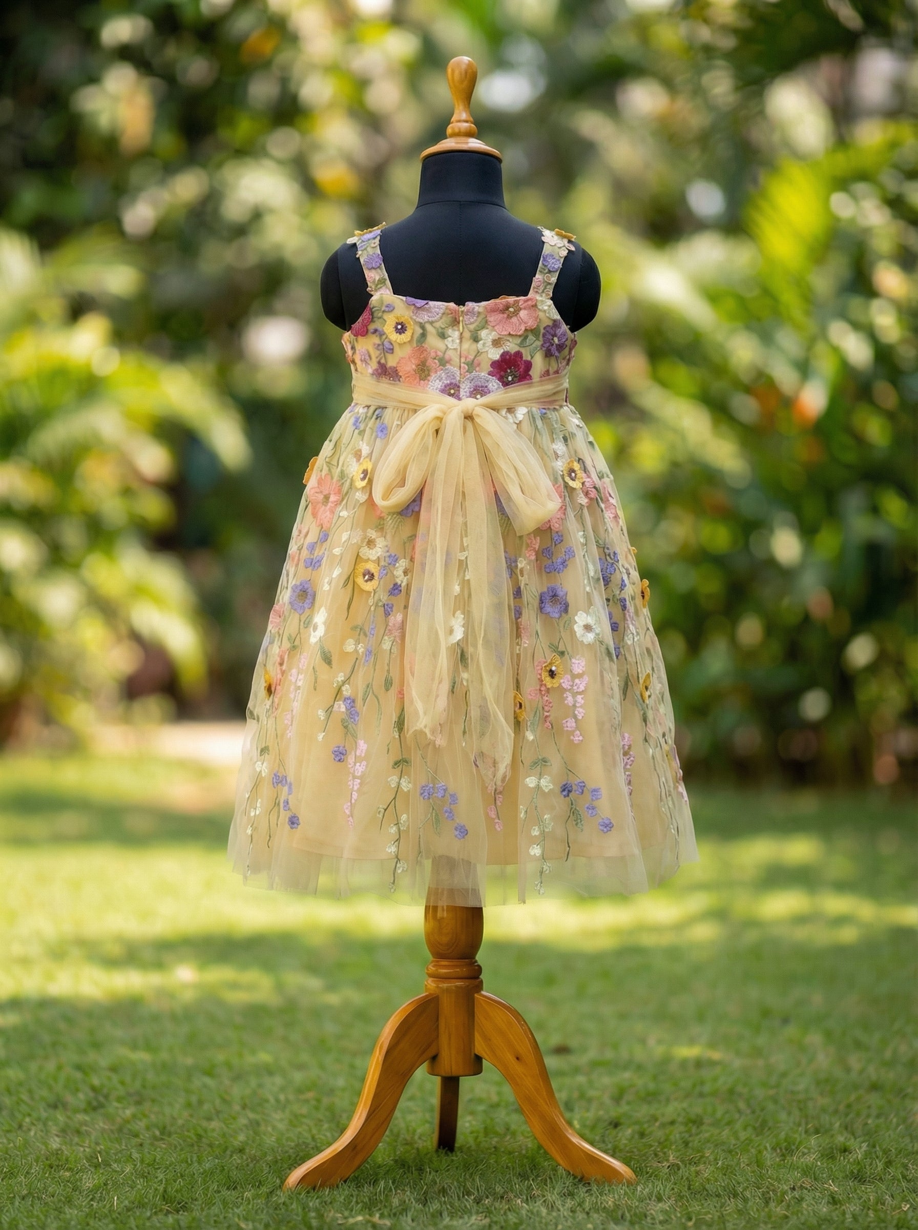 Floral Appliqué Net Dress for Girls | Handcrafted Flower Embellished Party Dress | Luxury Kids Couture