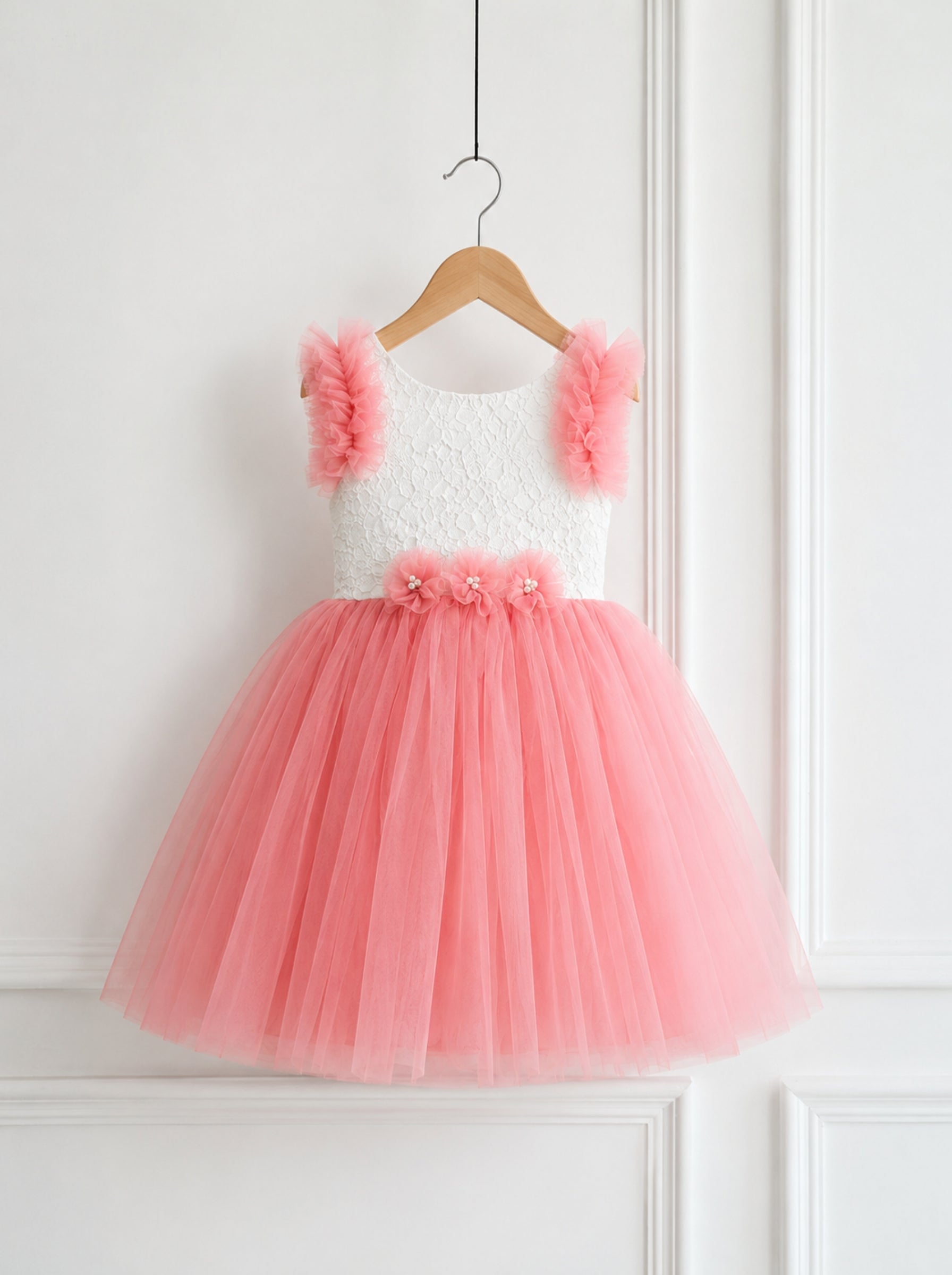 Blush Pink Tulle Party Dress with White Lace Bodice & Satin Bow | Flower Girl & Birthday Outfit for Girls