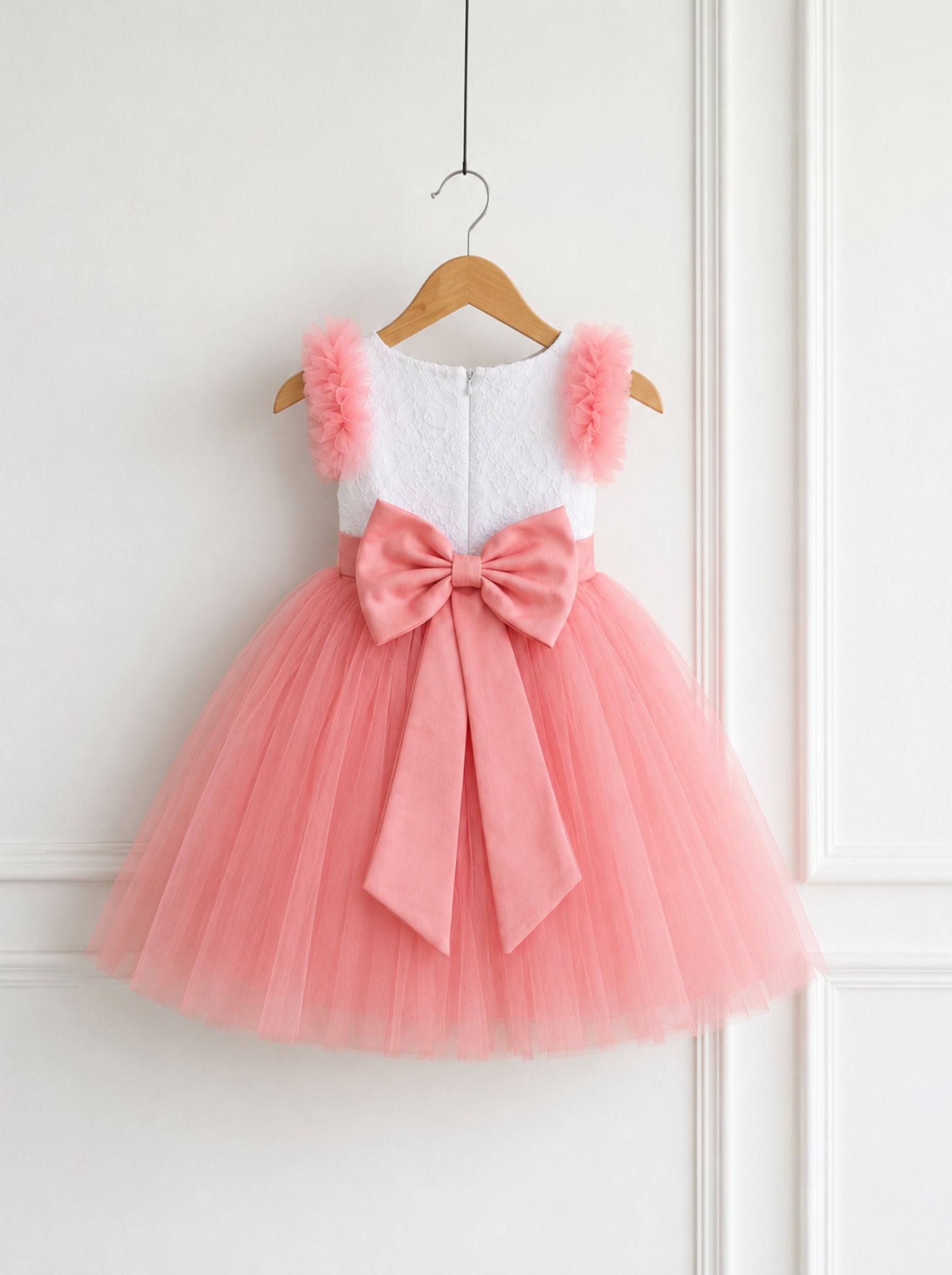 Blush Pink Tulle Party Dress with White Lace Bodice & Satin Bow | Flower Girl & Birthday Outfit for Girls
