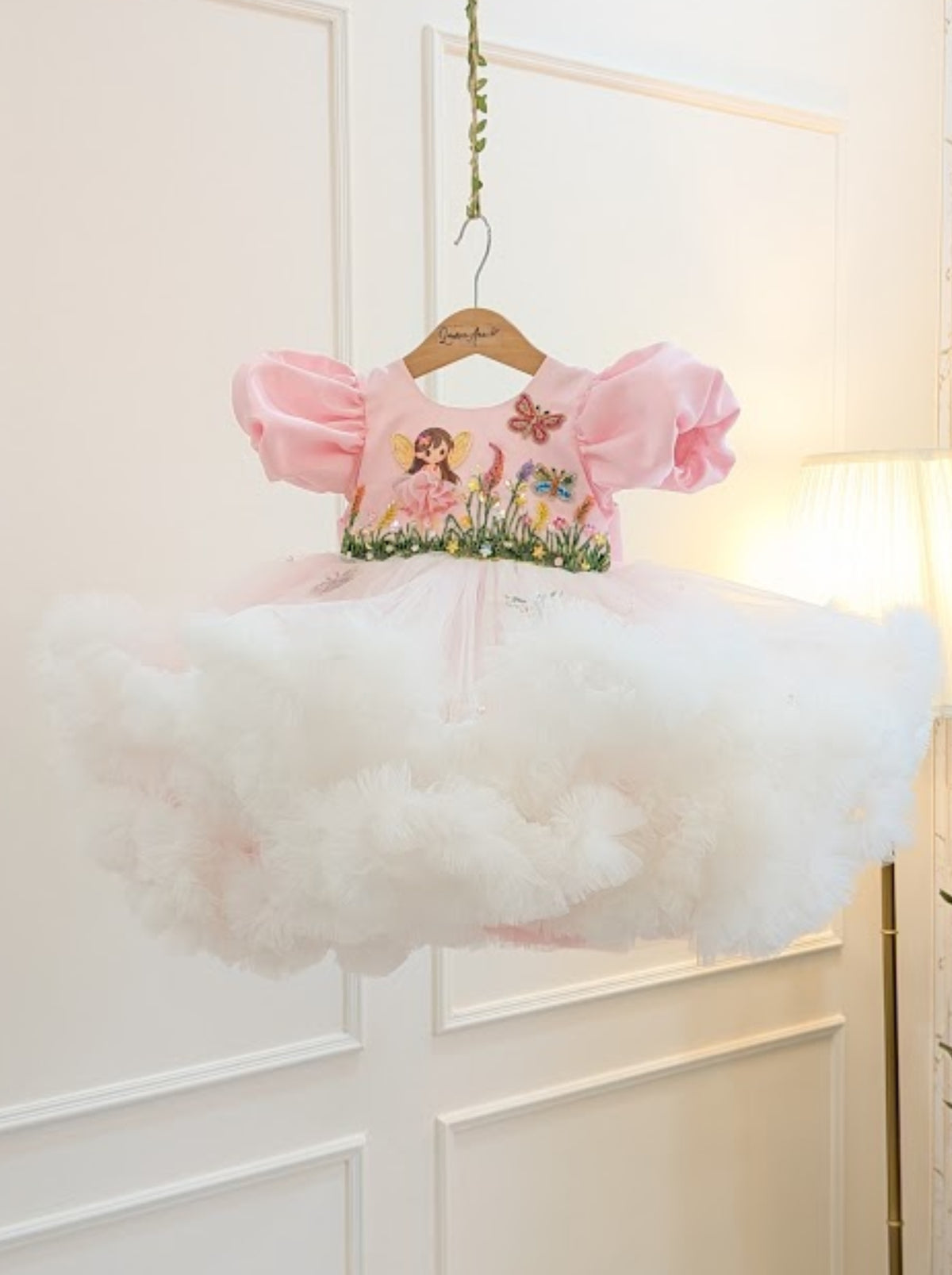 Pink fairy birthday dress for girls with 3D floral details