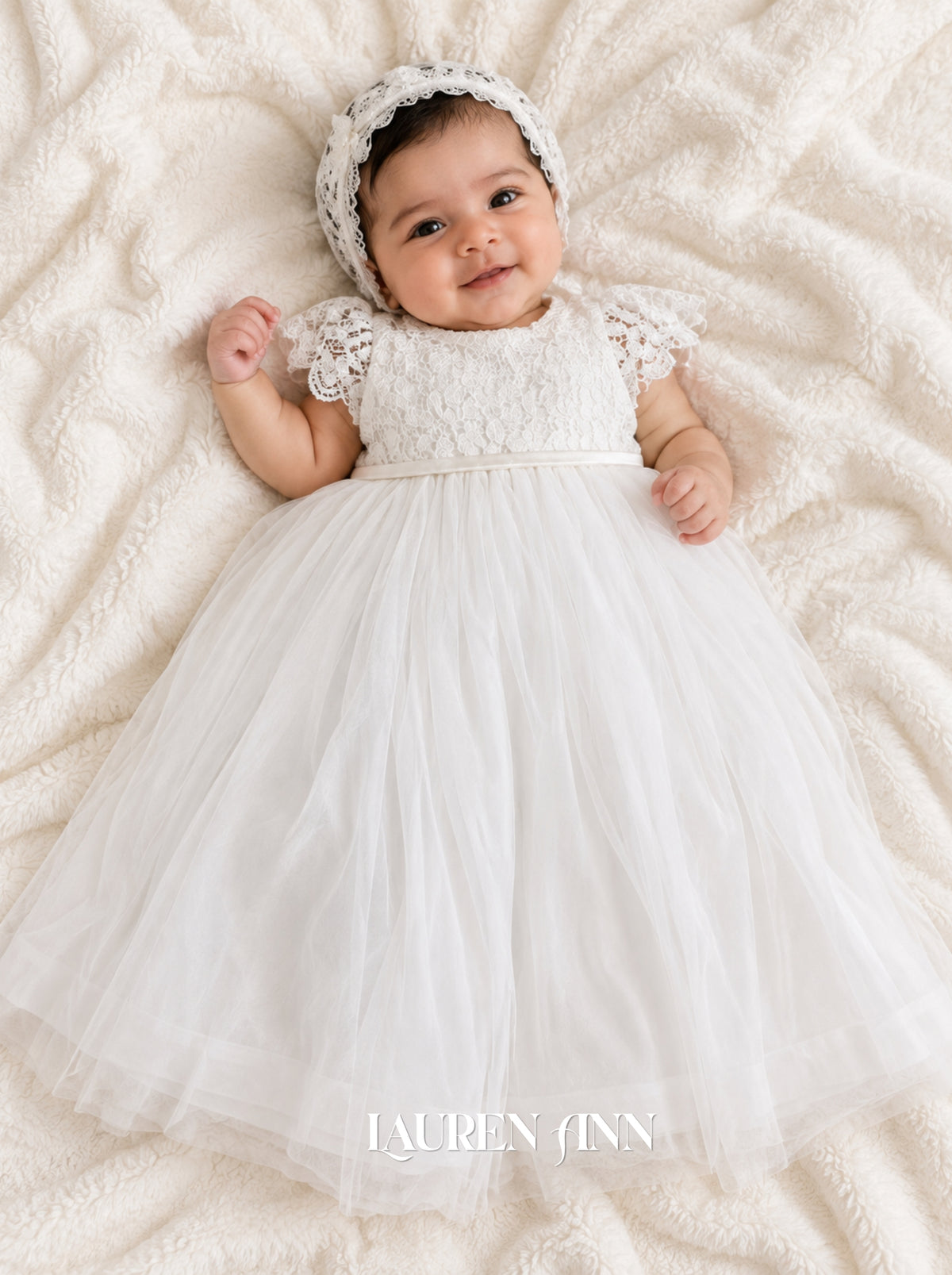Ella white floral lace Baptism dress for baby girl by Lauren Ann