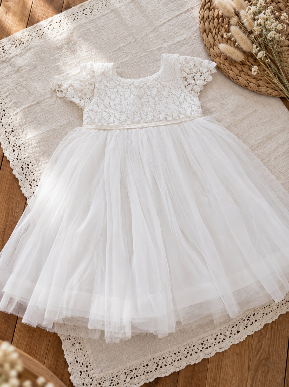 Ella white floral lace Christening dress for baby girl