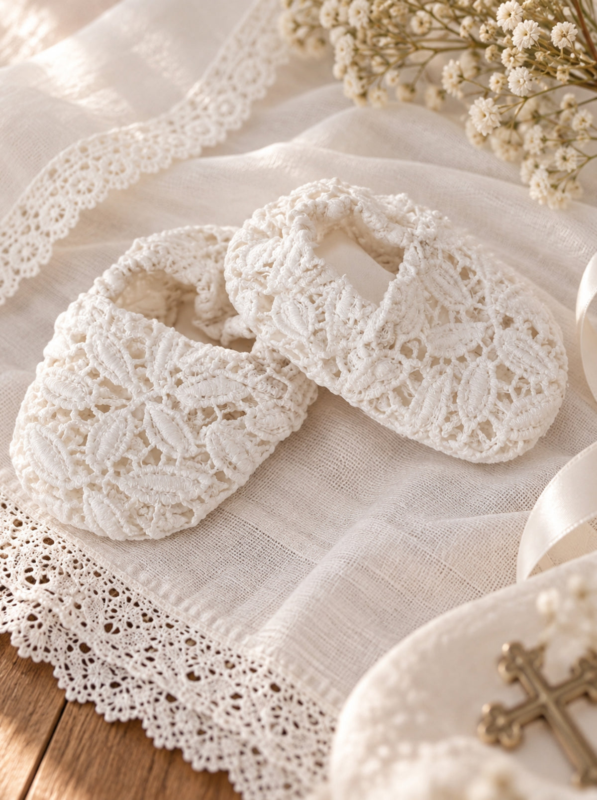 Matching white lace Baptism booties for baby girl Ella dress set